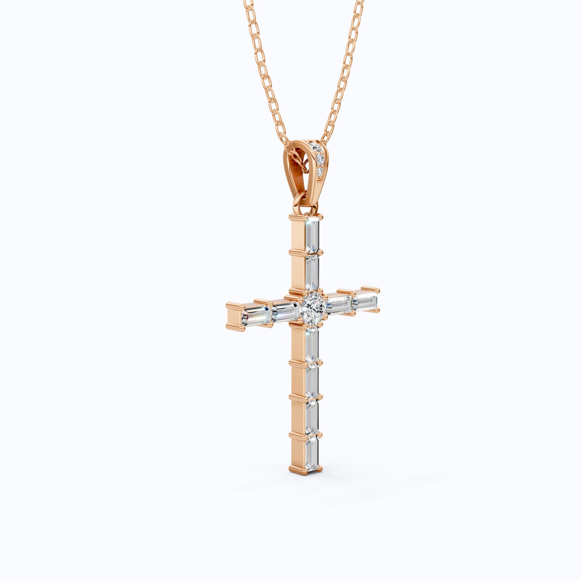 Modern Religious Cross Pendant in 14k Solid Gold, 1.65 TCW Baguette/Round Cut Lab Grown Diamond, Bridal Jewelry, Wedding Gift for Her