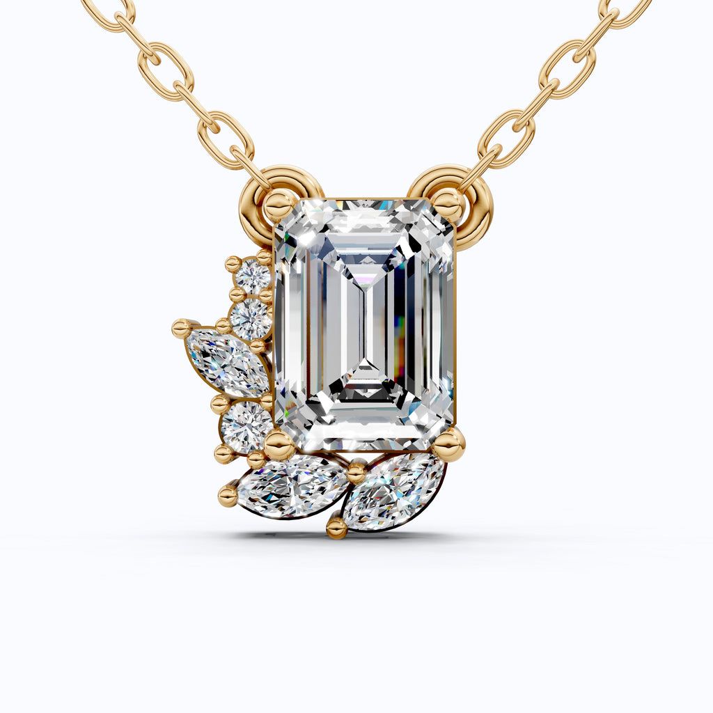 Glam Emerald Side Cluster Wedding Pendant in 14k Solid Gold, 1.19 TCW Emerald/Marquise/Round Cut Lab Diamonds, Birthday Pendant for Women, Everyday Pendant