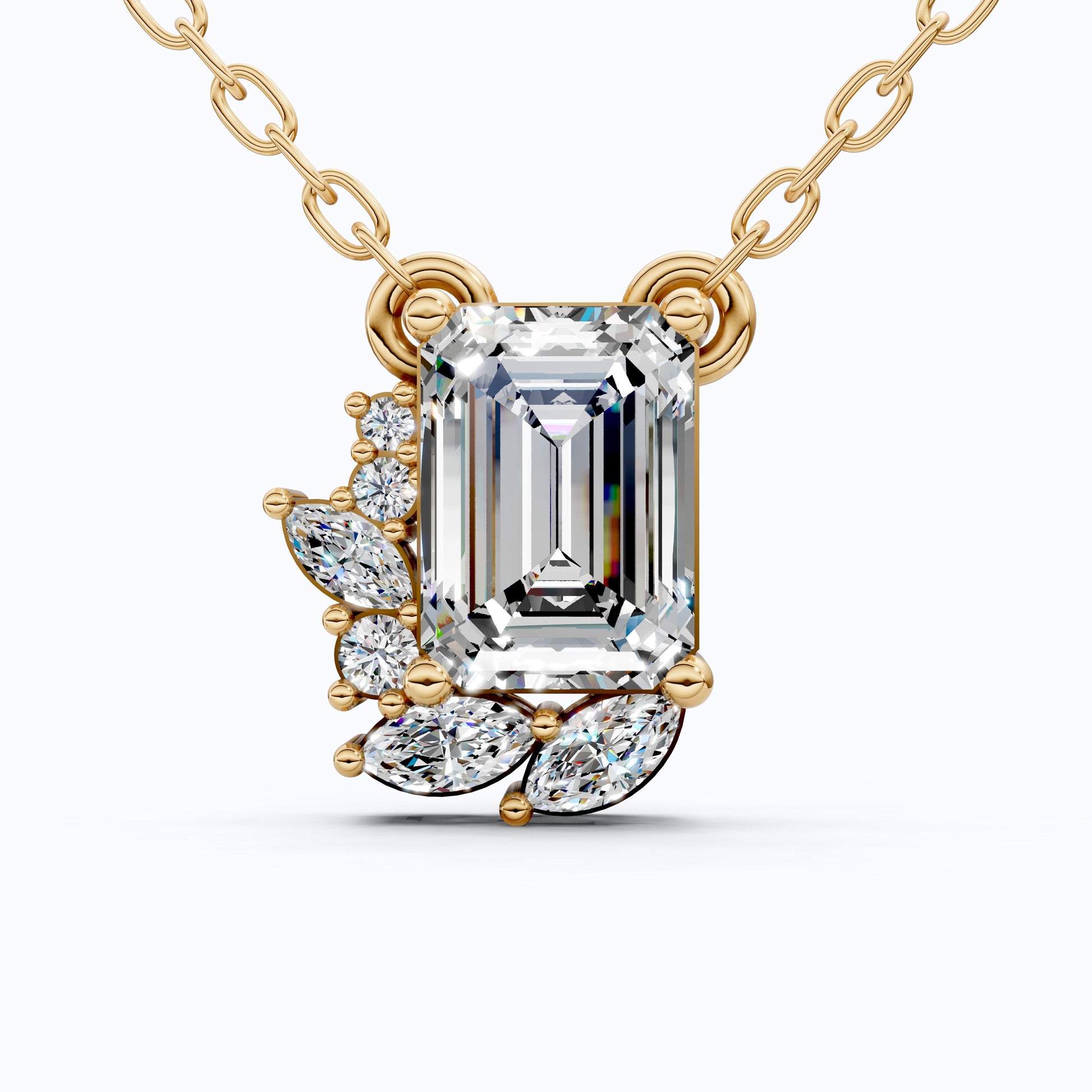 Glam Emerald Side Cluster Wedding Pendant in 14k Solid Gold, 1.19 TCW Emerald/Marquise/Round Cut Lab Diamonds, Birthday Pendant for Women, Everyday Pendant