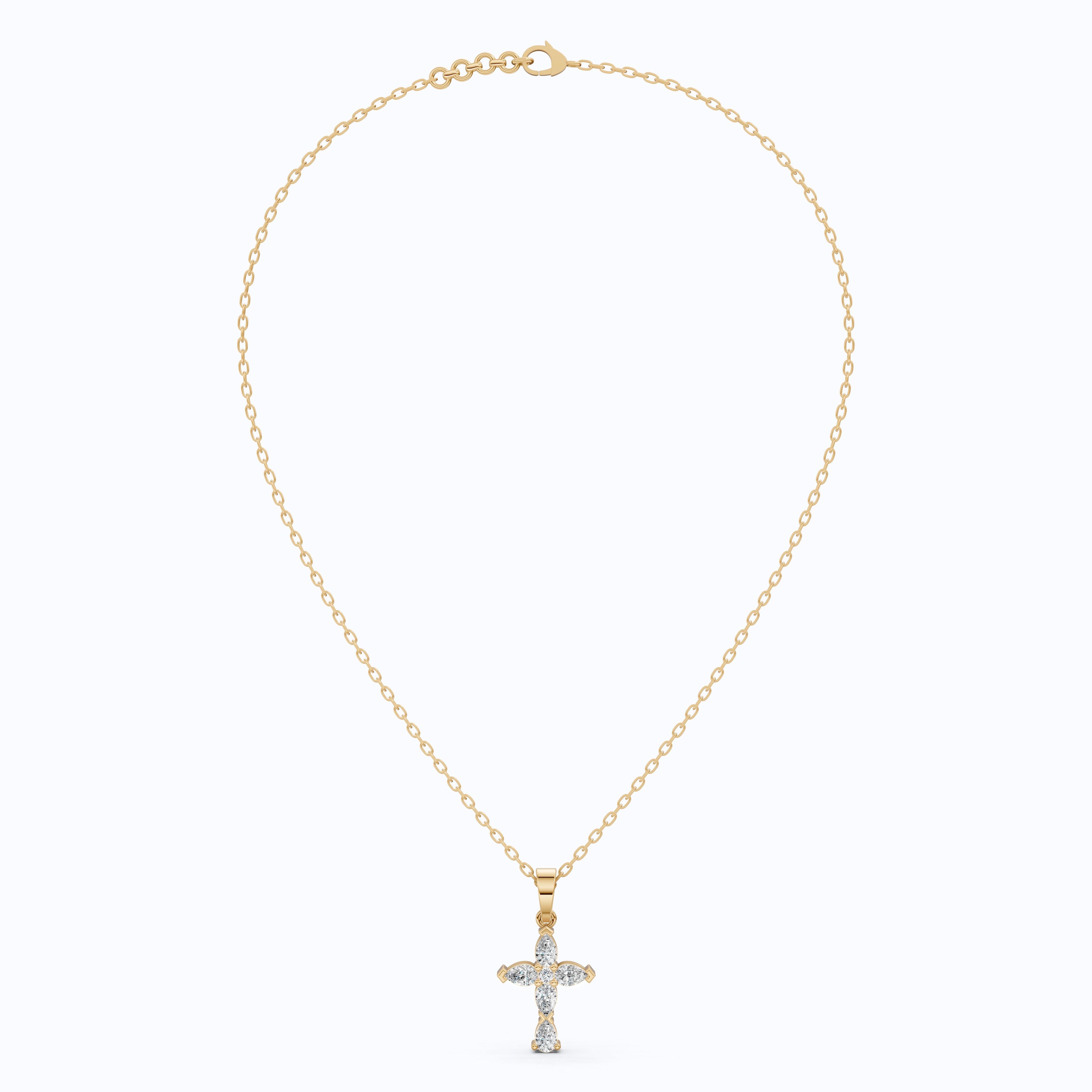 Stylish Pear Cluster Cross Religious Pendant in 14k Solid Gold, 0.93 TCW Pear/Round Cut Lab Grown Diamonds, Bridal Jewelry, Jesus christ Gift For Her