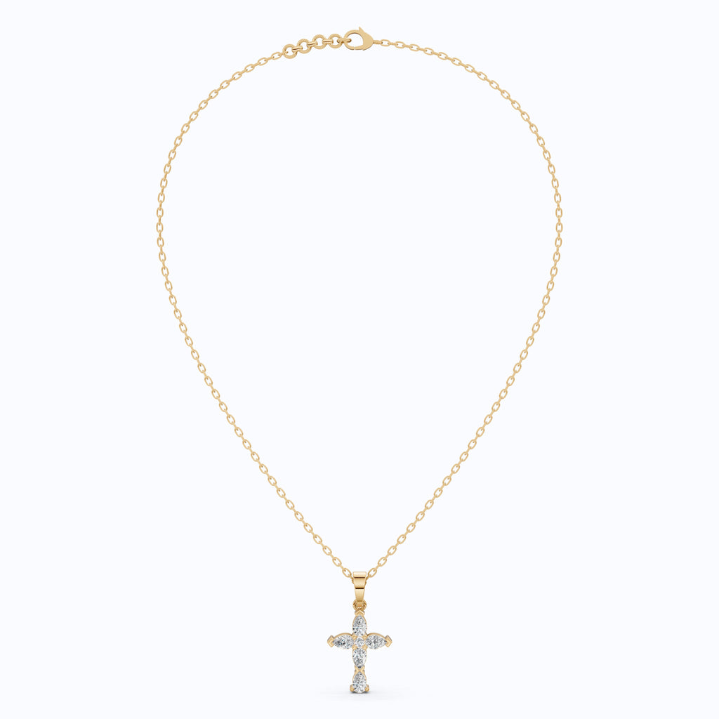 Stylish Pear Cluster Cross Religious Pendant in 14k Solid Gold, 0.93 TCW Pear/Round Cut Lab Grown Diamonds, Bridal Jewelry, Jesus christ Gift For Her