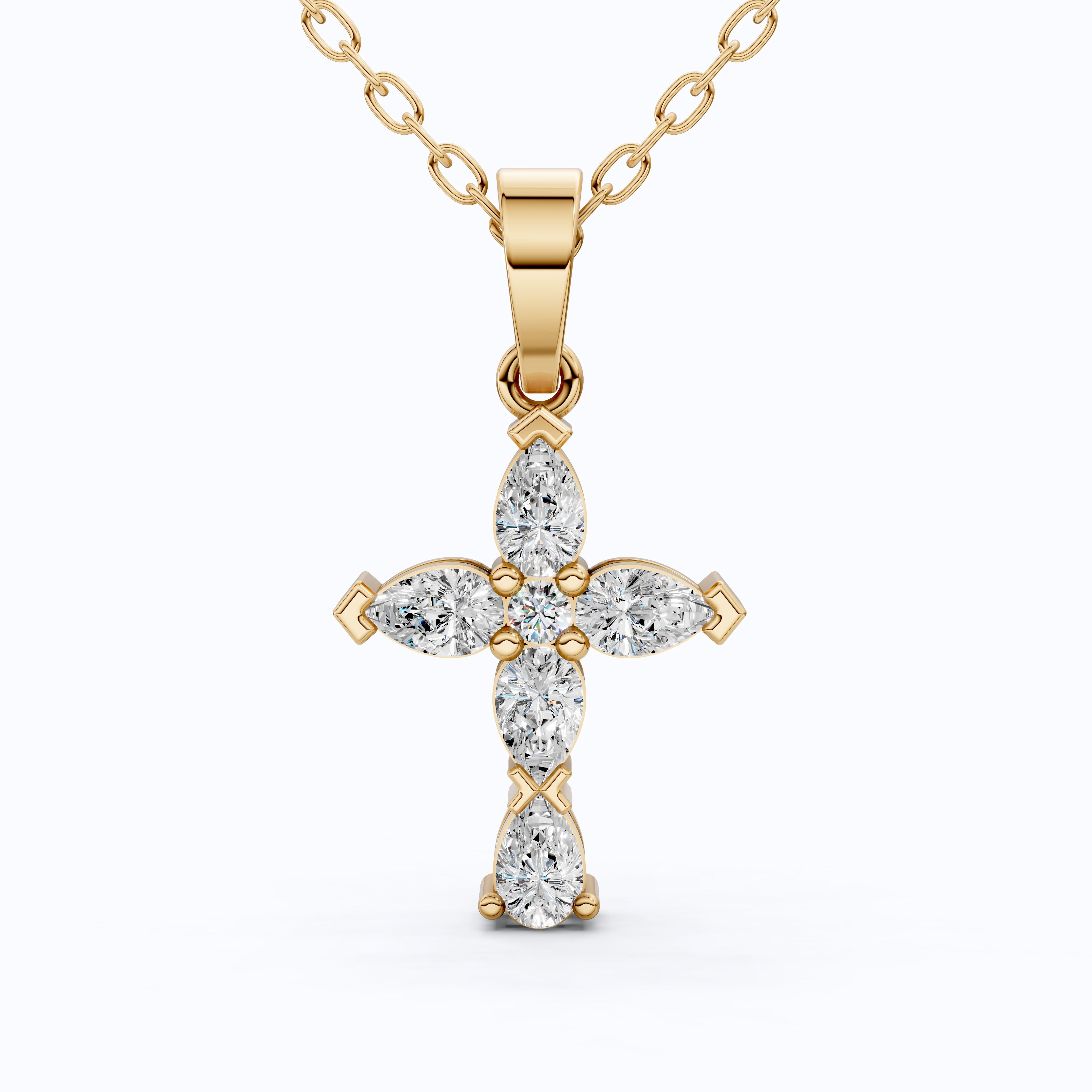 Stylish Pear Cluster Cross Religious Pendant in 14k Solid Gold, 0.93 TCW Pear/Round Cut Lab Grown Diamonds, Bridal Jewelry, Jesus christ Gift For Her