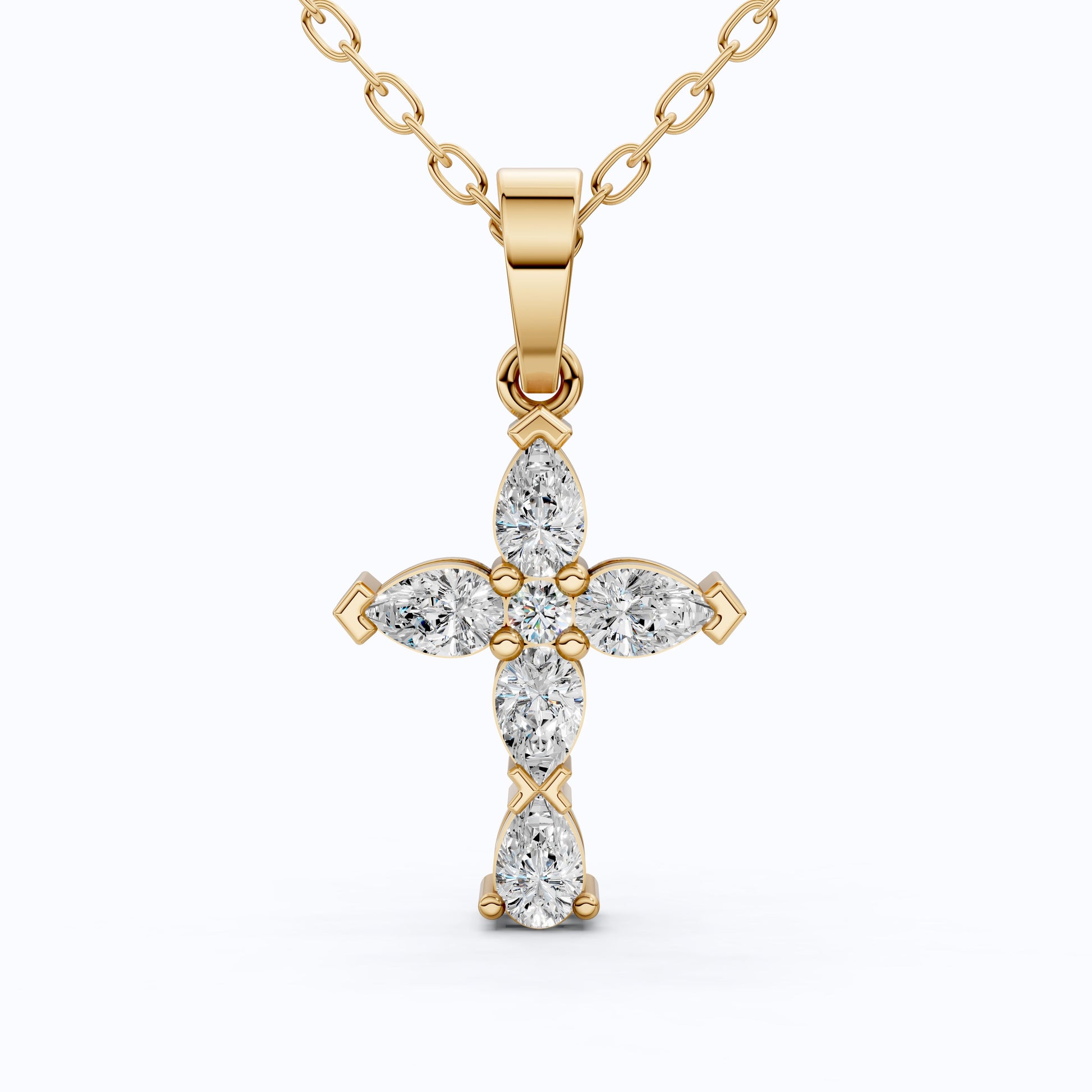 Stylish Pear Cluster Cross Religious Pendant in 14k Solid Gold, 0.93 TCW Pear/Round Cut Lab Grown Diamonds, Bridal Jewelry, Jesus christ Gift For Her