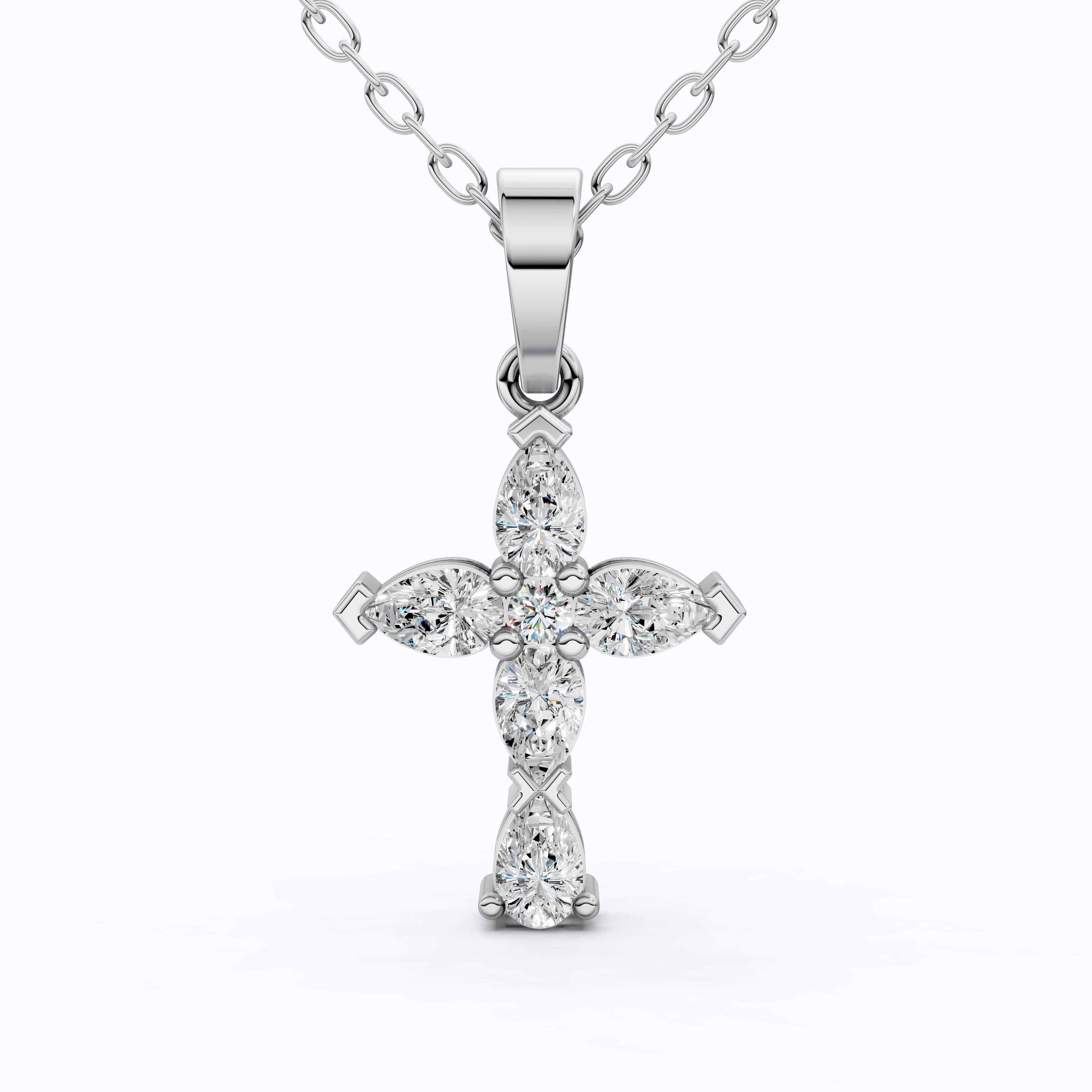 Stylish Pear Cluster Cross Religious Pendant in 14k Solid Gold, 0.93 TCW Pear/Round Cut Lab Grown Diamonds, Bridal Jewelry, Jesus christ Gift For Her