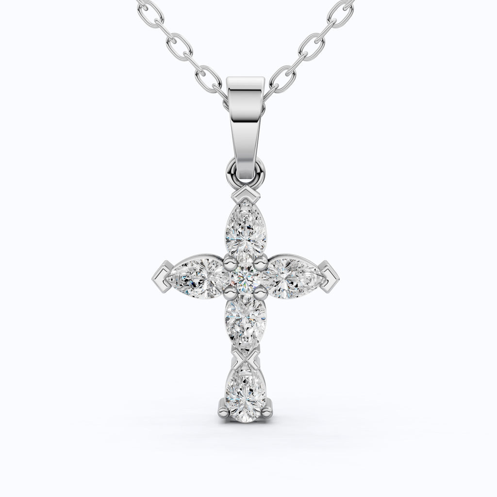 Stylish Pear Cluster Cross Religious Pendant in 14k Solid Gold, 0.93 TCW Pear/Round Cut Lab Grown Diamonds, Bridal Jewelry, Jesus christ Gift For Her