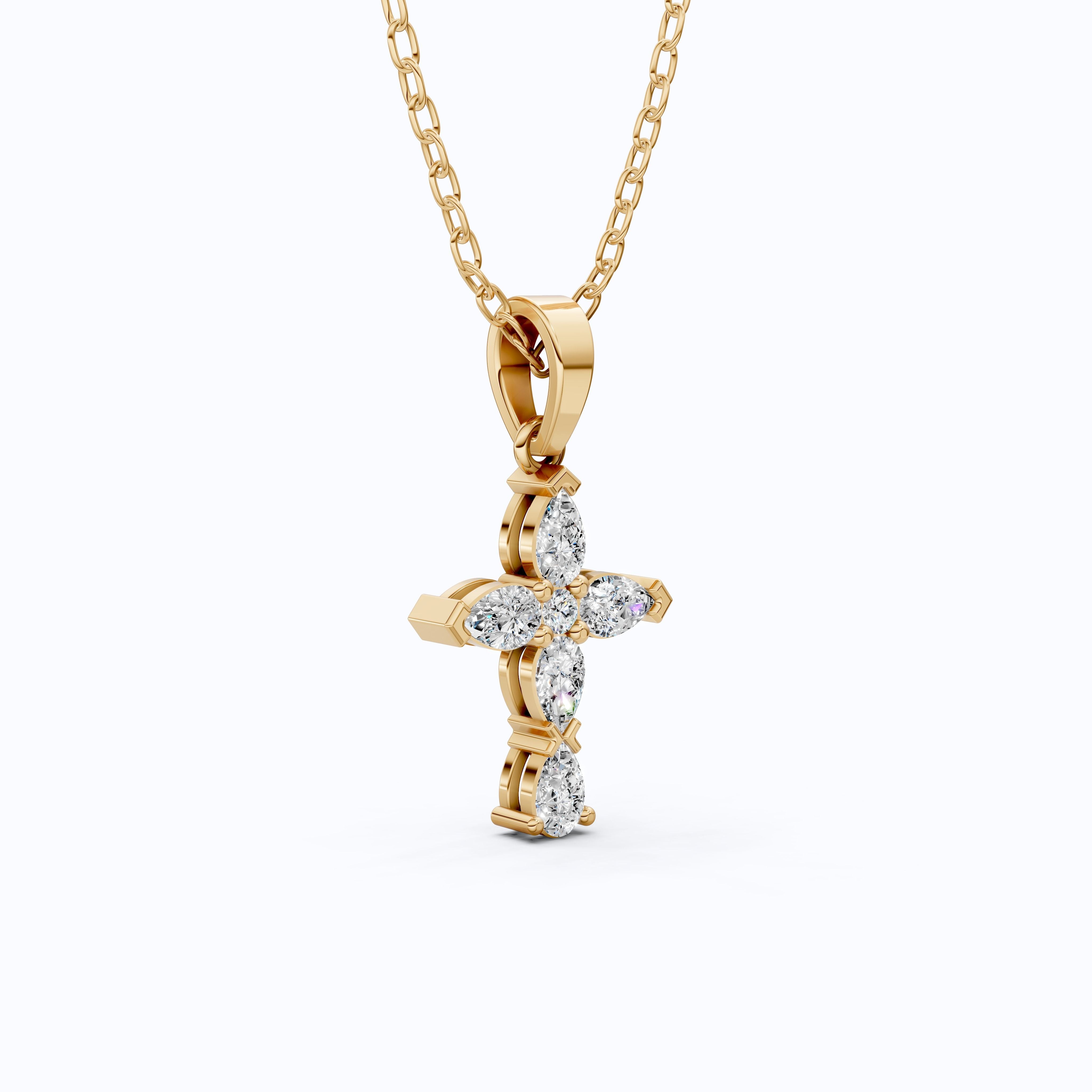 Stylish Pear Cluster Cross Religious Pendant in 14k Solid Gold, 0.93 TCW Pear/Round Cut Lab Grown Diamonds, Bridal Jewelry, Jesus christ Gift For Her