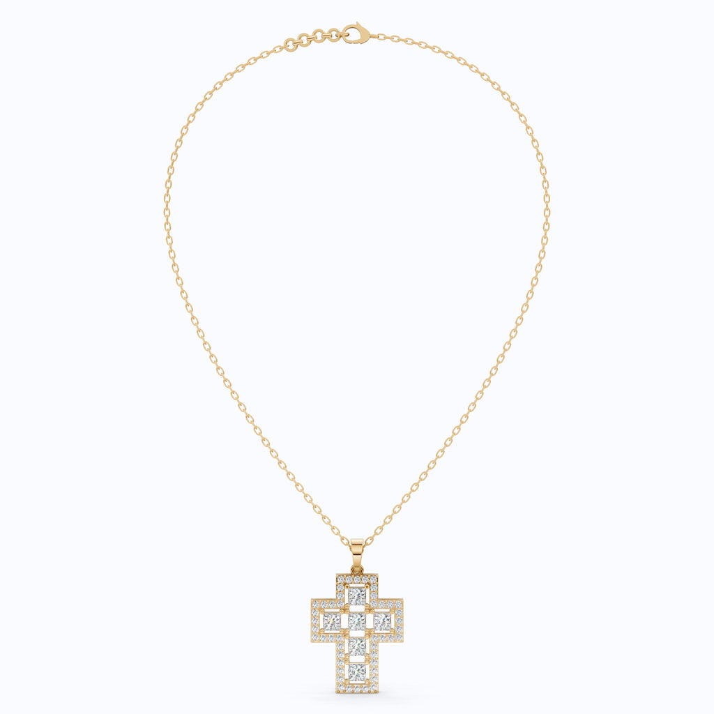 Elegant Halo Open Cross Pendant in 14k Solid Gold 2.14 TCW Round/Princess Cut Lab Diamonds, Unique Gift for Her, Religious Jewelry