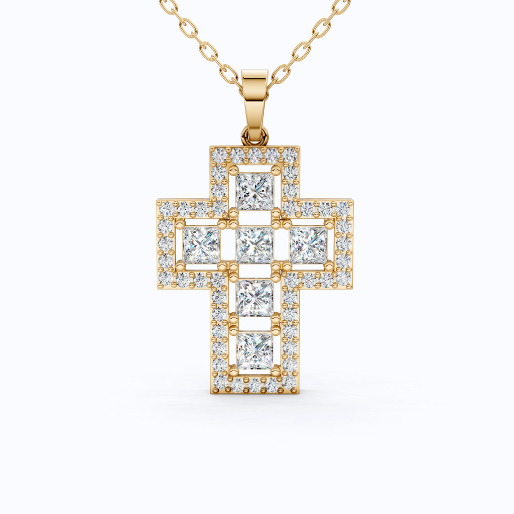 Elegant Halo Open Cross Pendant in 14k Solid Gold 2.14 TCW Round/Princess Cut Lab Diamonds, Unique Gift for Her, Religious Jewelry