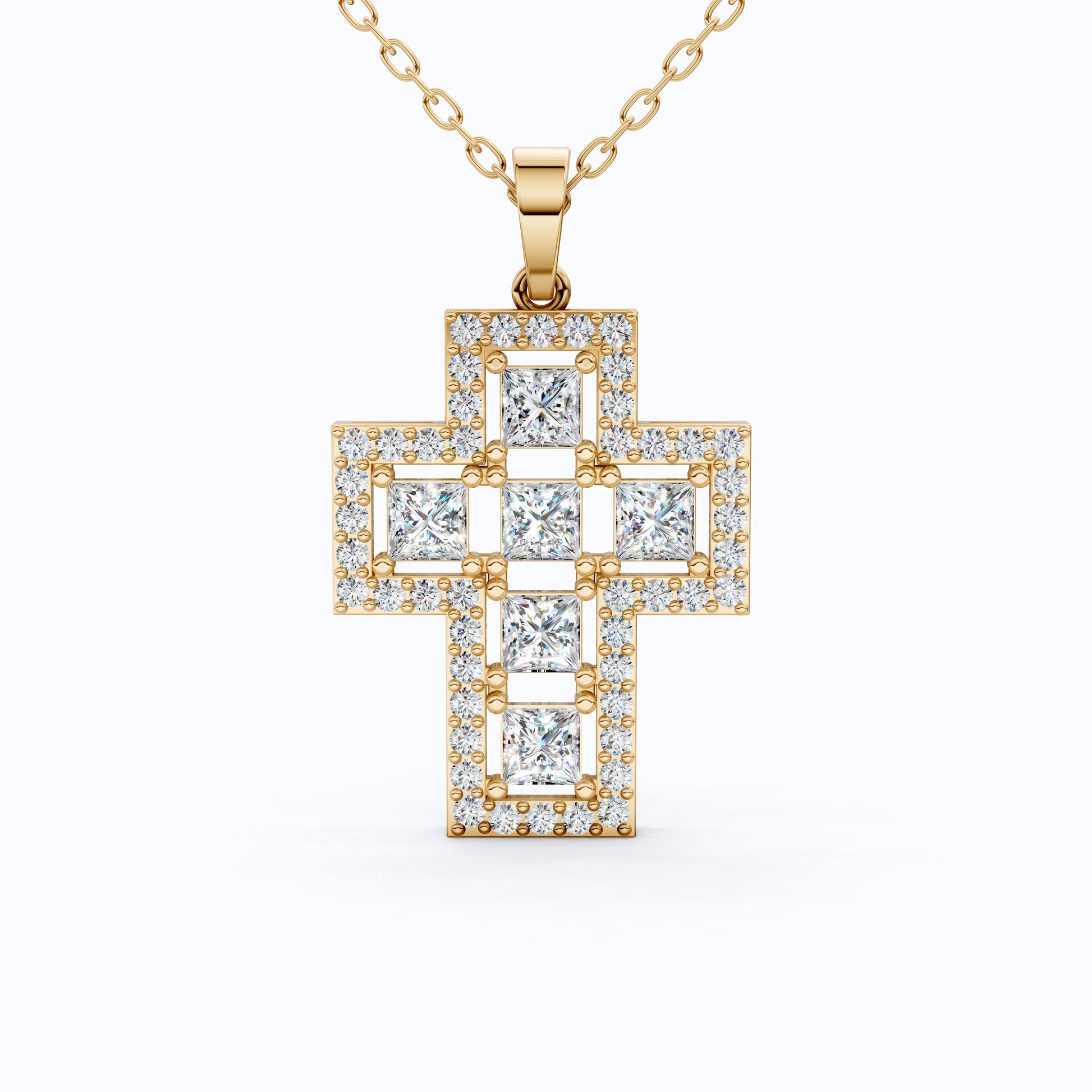 Elegant Halo Open Cross Pendant in 14k Solid Gold 2.14 TCW Round/Princess Cut Lab Diamonds, Unique Gift for Her, Religious Jewelry