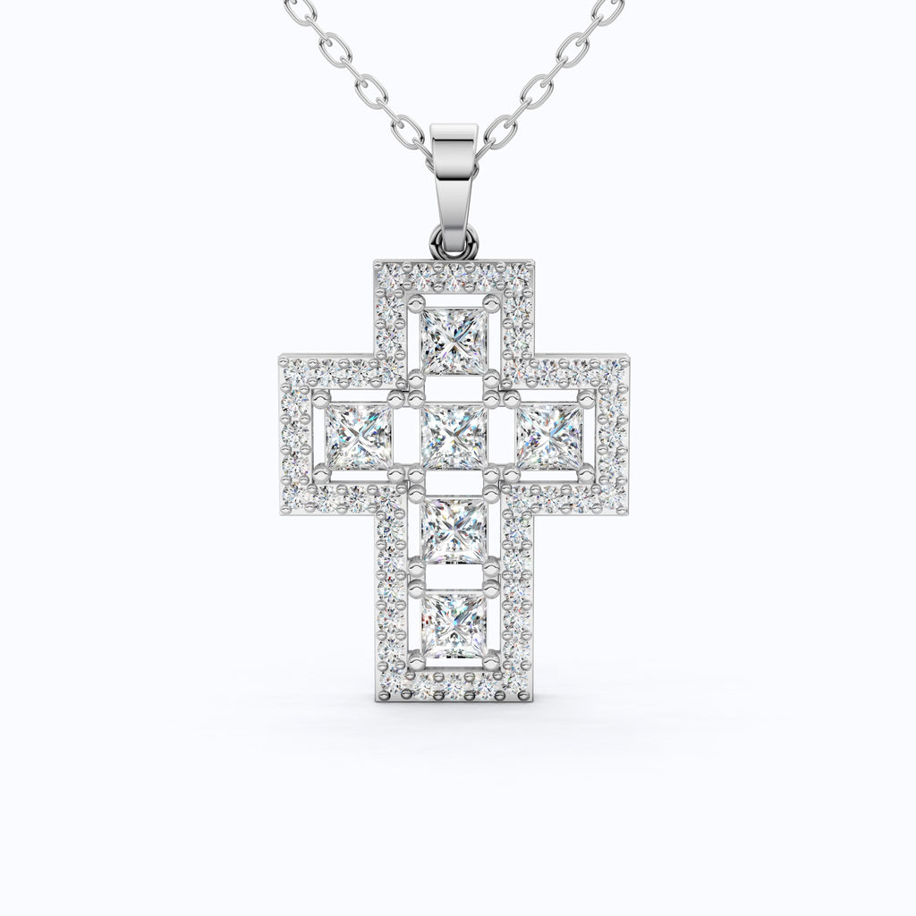 Elegant Halo Open Cross Pendant in 14k Solid Gold 2.14 TCW Round/Princess Cut Lab Diamonds, Unique Gift for Her, Religious Jewelry