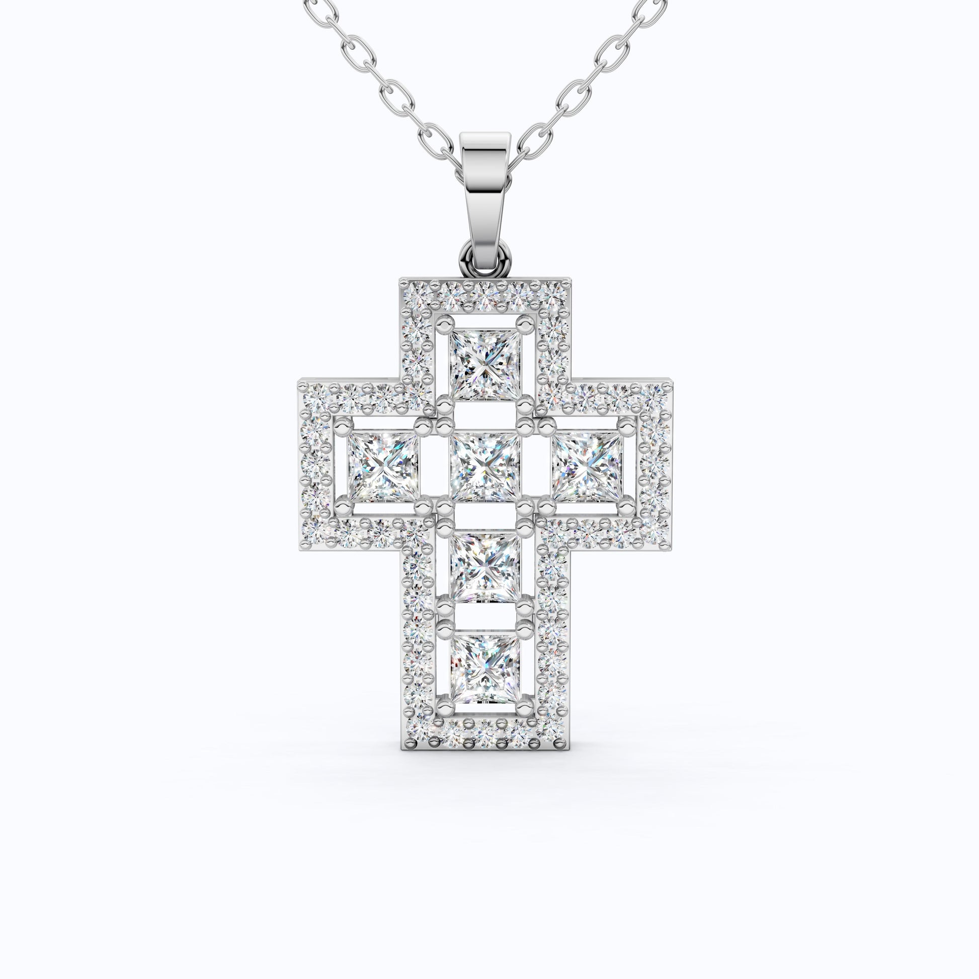 Elegant Halo Open Cross Pendant in 14k Solid Gold 2.14 TCW Round/Princess Cut Lab Diamonds, Unique Gift for Her, Religious Jewelry