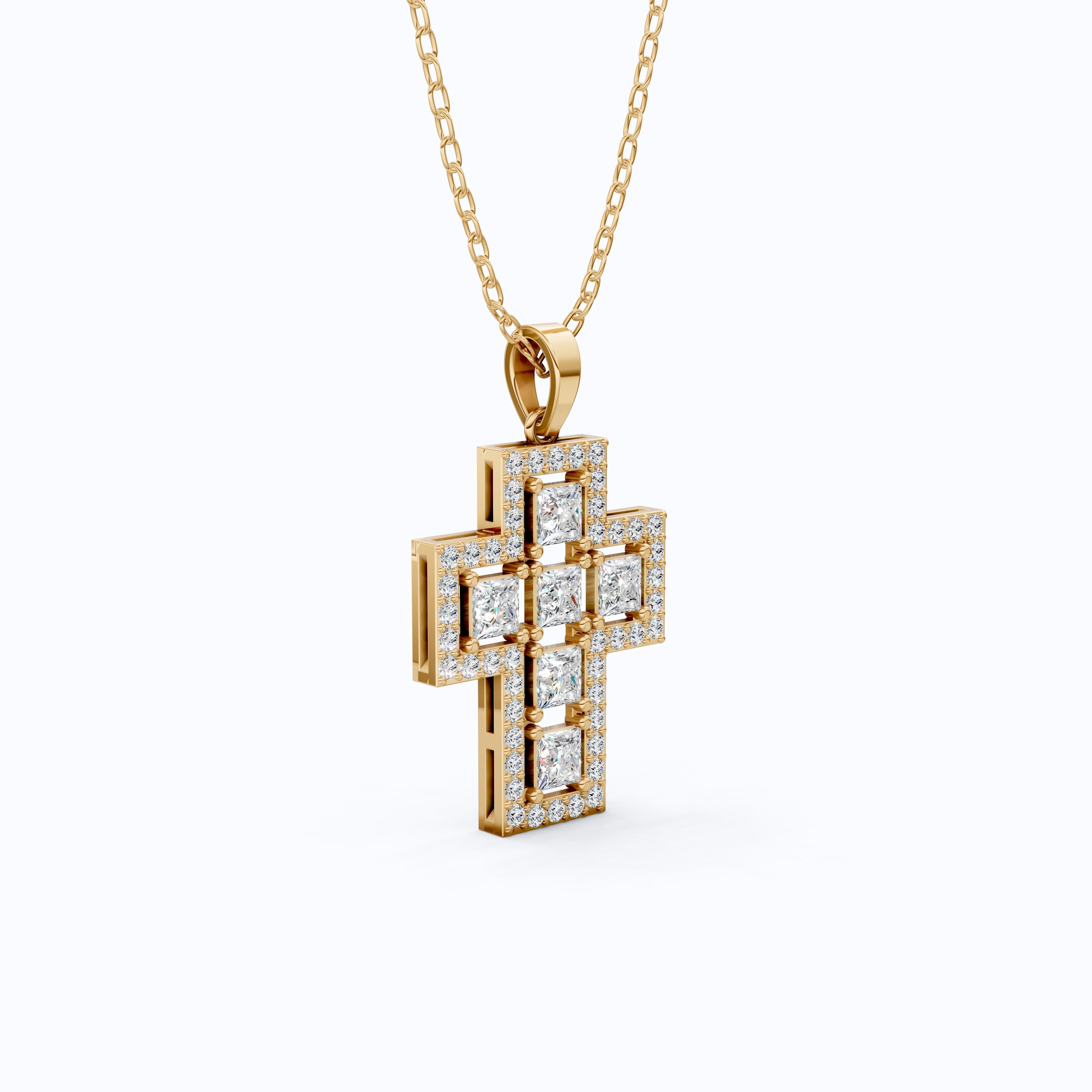 Elegant Halo Open Cross Pendant in 14k Solid Gold 2.14 TCW Round/Princess Cut Lab Diamonds, Unique Gift for Her, Religious Jewelry