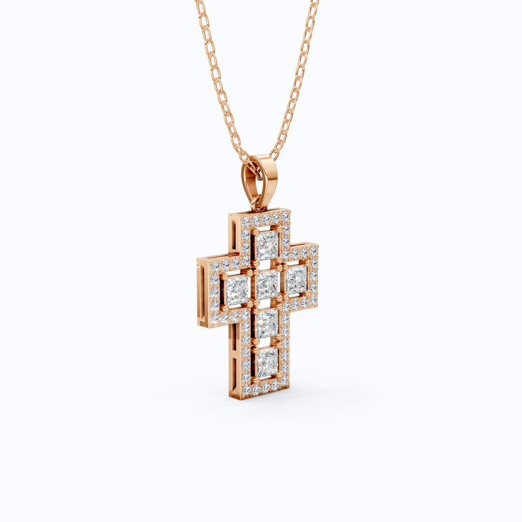 Elegant Halo Open Cross Pendant in 14k Solid Gold 2.14 TCW Round/Princess Cut Lab Diamonds, Unique Gift for Her, Religious Jewelry