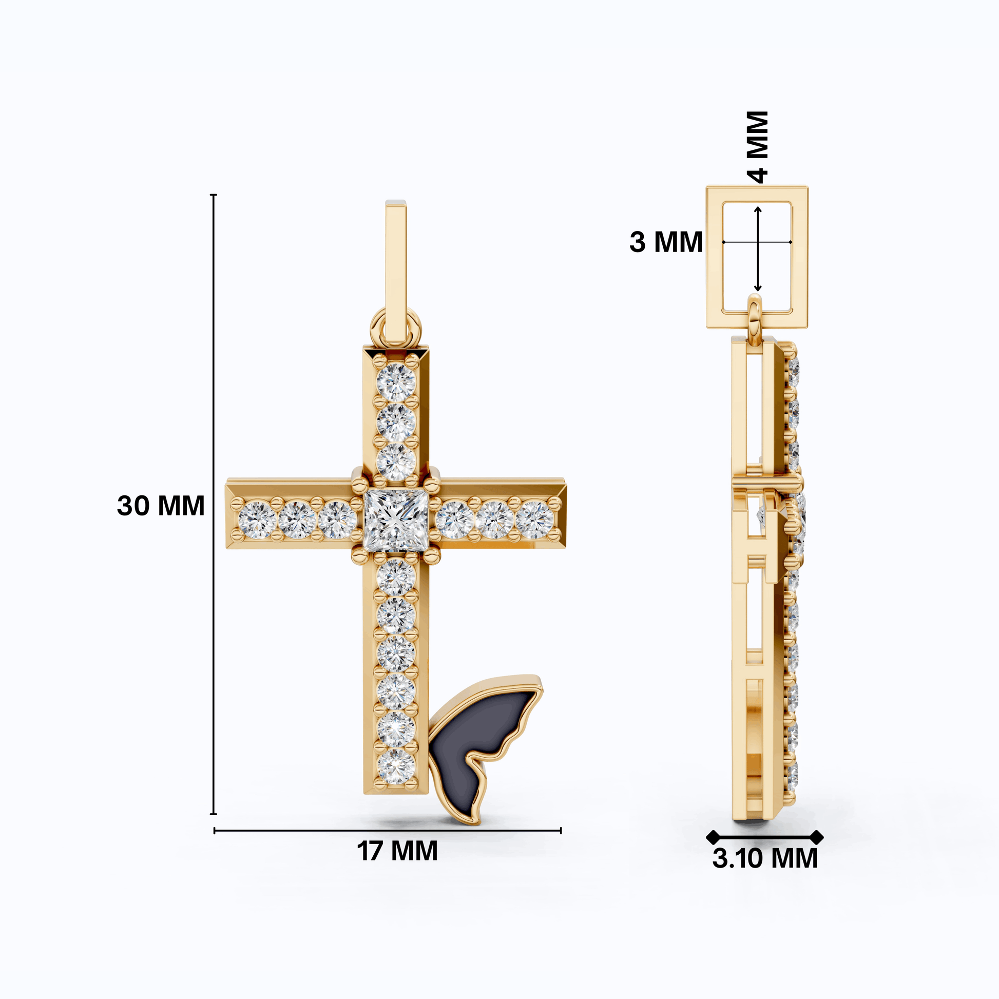 Butterfly Accent Jesus Cross Diamond Pendant in 14K Solid Gold, 0.56 TCW Princess/Round Cut Lab Diamonds, Gift for Her, Religious Jewelry