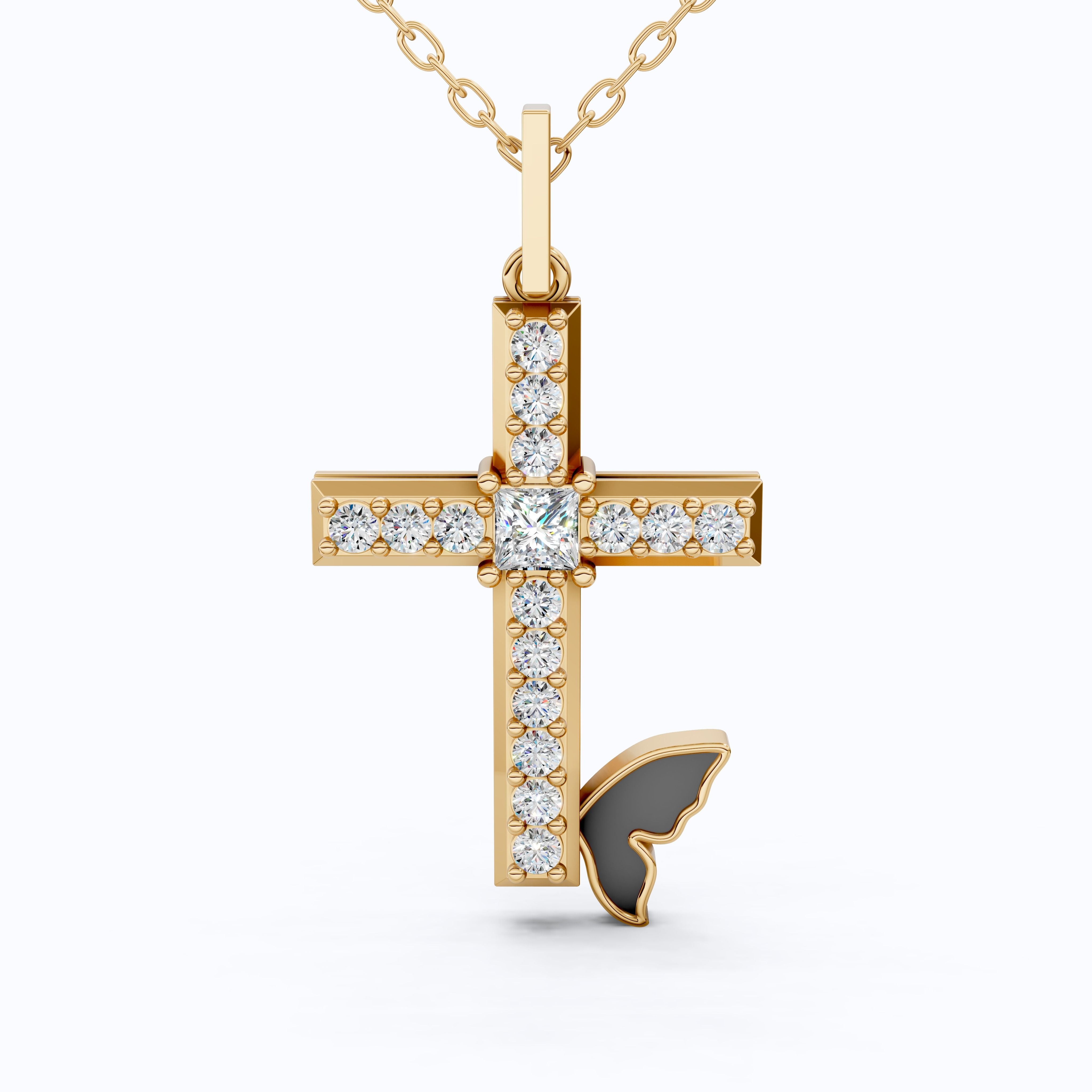 Butterfly Accent Jesus Cross Diamond Pendant in 14K Solid Gold, 0.56 TCW Princess/Round Cut Lab Diamonds, Gift for Her, Religious Jewelry