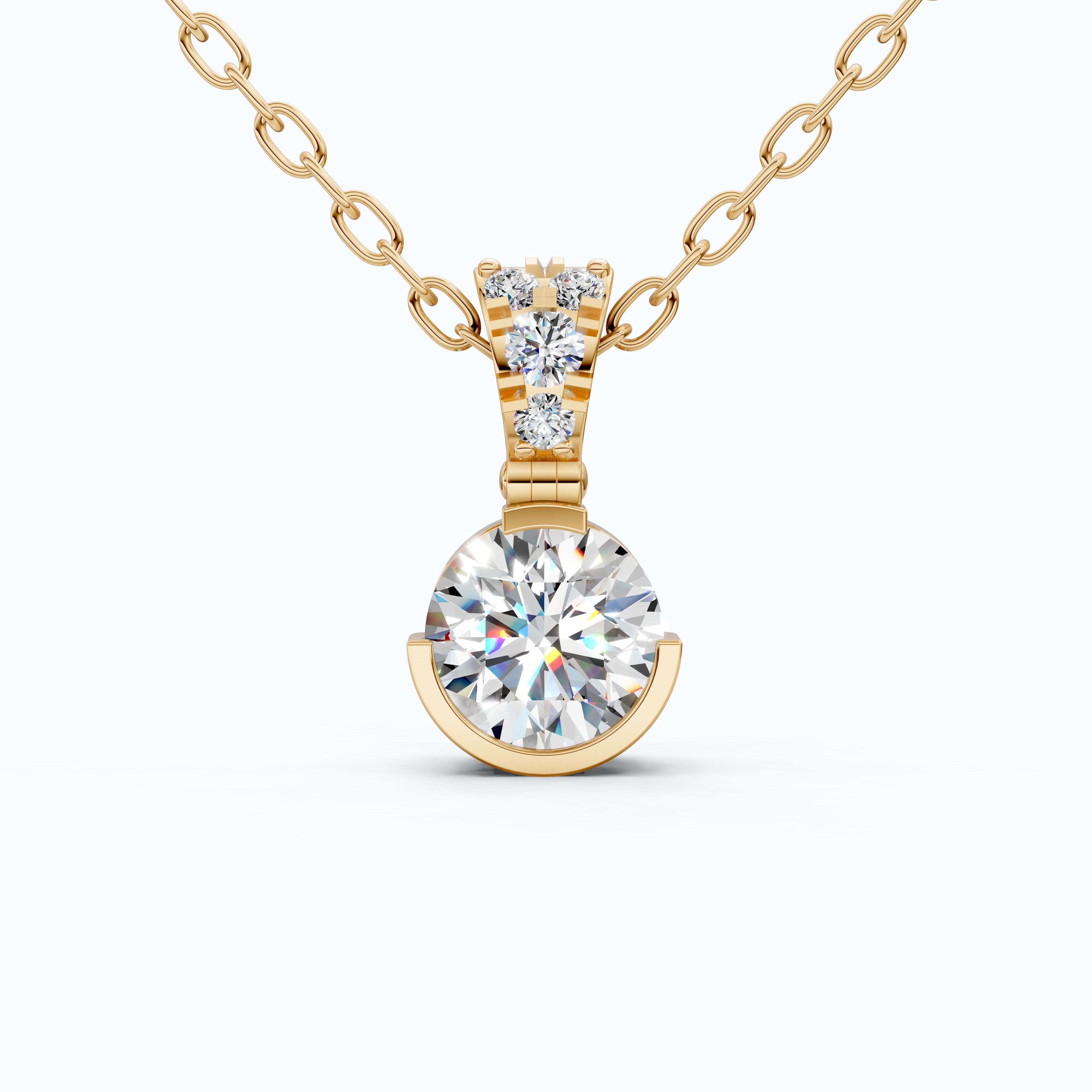 Elegant Round Half Bezel Set Solitaire Pendant with Accent Diamonds in 14K Solid Gold, 0.66 CT Round Cut  Lab Diamond, Anniversary Gift for Her