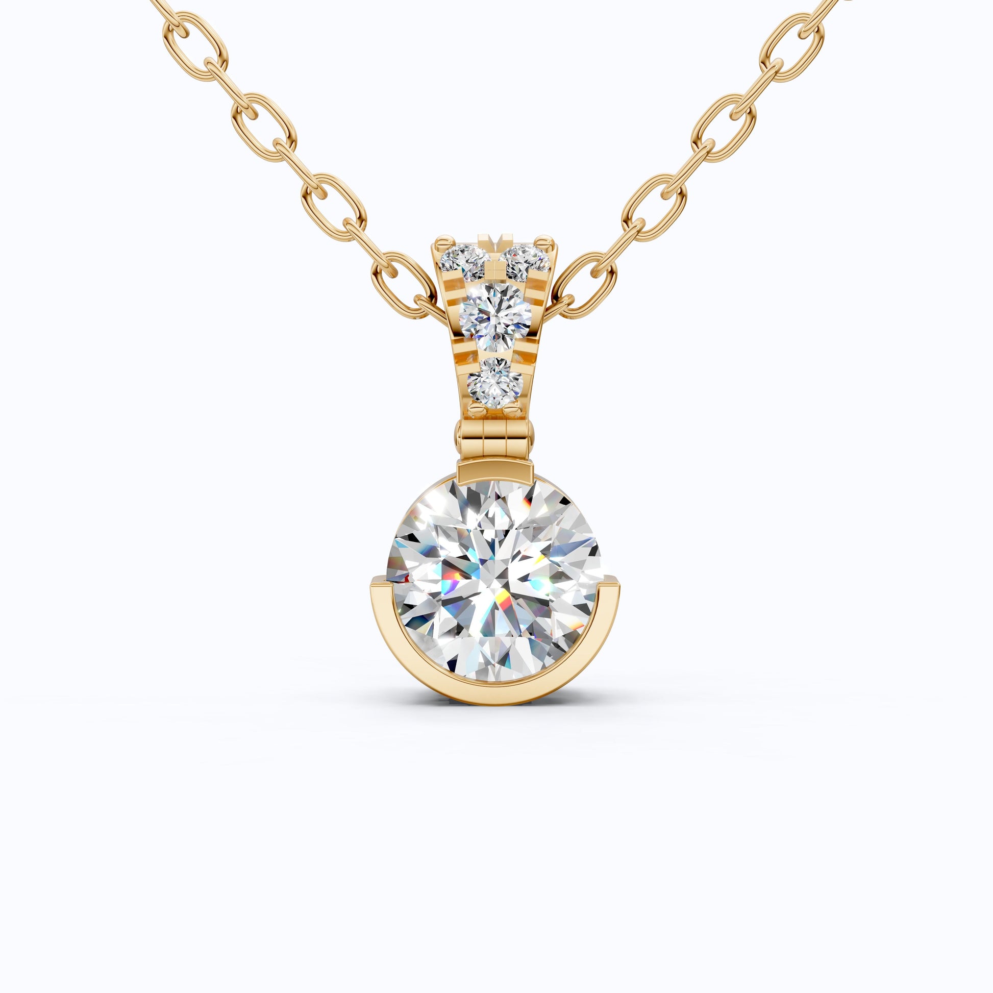 Elegant Round Half Bezel Set Solitaire Pendant with Accent Diamonds in 14K Solid Gold, 0.66 CT Round Cut  Lab Diamond, Anniversary Gift for Her