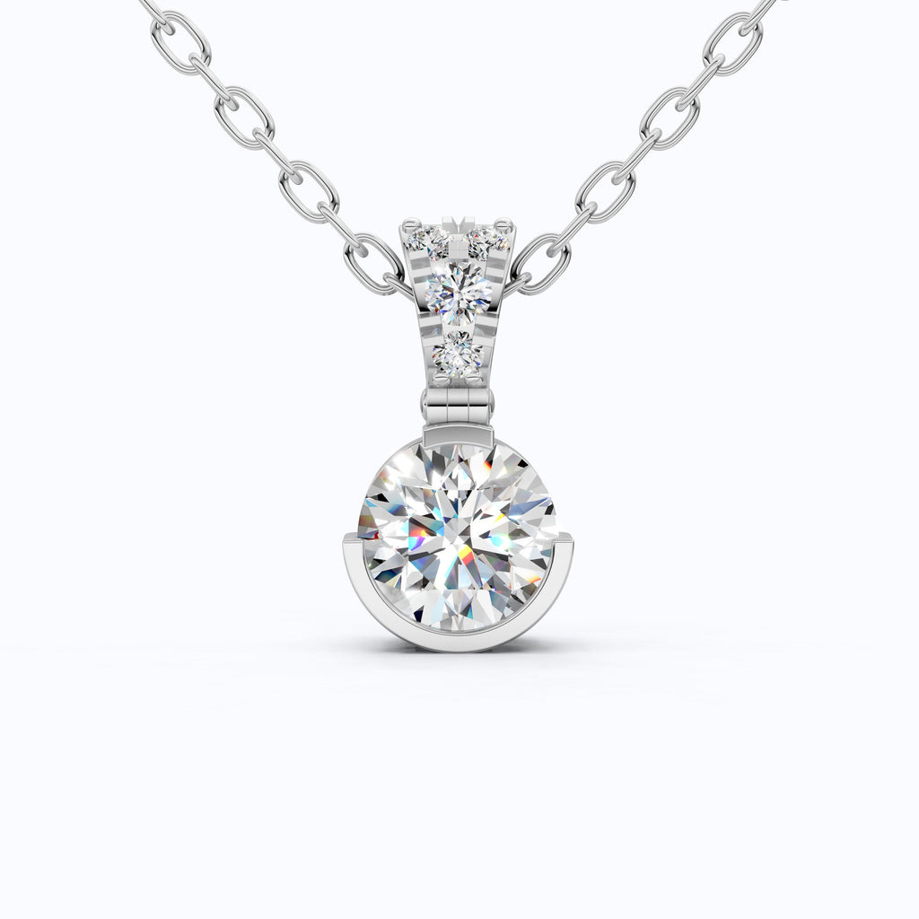 Elegant Round Half Bezel Set Solitaire Pendant with Accent Diamonds in 14K Solid Gold, 0.66 CT Round Cut  Lab Diamond, Anniversary Gift for Her
