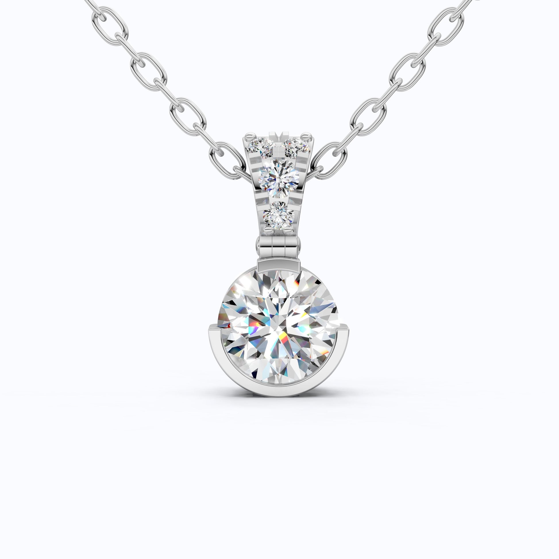 Elegant Round Half Bezel Set Solitaire Pendant with Accent Diamonds in 14K Solid Gold, 0.66 CT Round Cut  Lab Diamond, Anniversary Gift for Her