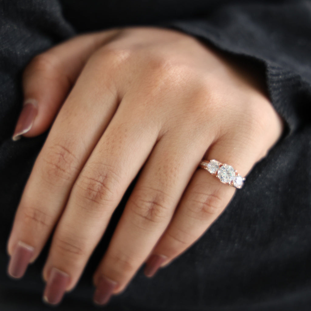 Vintage Three Stone Pave Filigree Engagement Ring in 14k Solid Gold, 1.84 TCW Round Cut Lab Created Diamonds, Everyday Gift for Wife