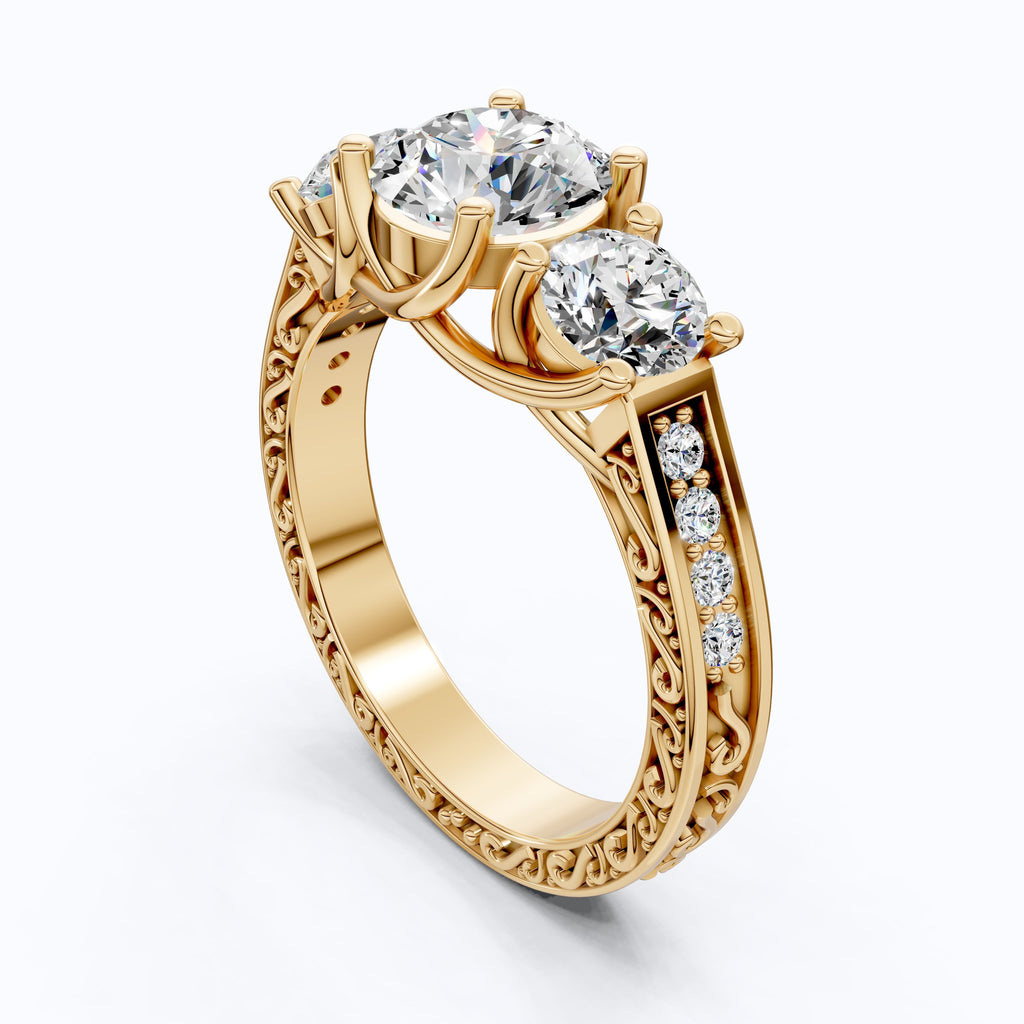 Vintage Three Stone Pave Filigree Engagement Ring in 14k Solid Gold, 1.84 TCW Round Cut Lab Created Diamonds, Everyday Gift for Wife