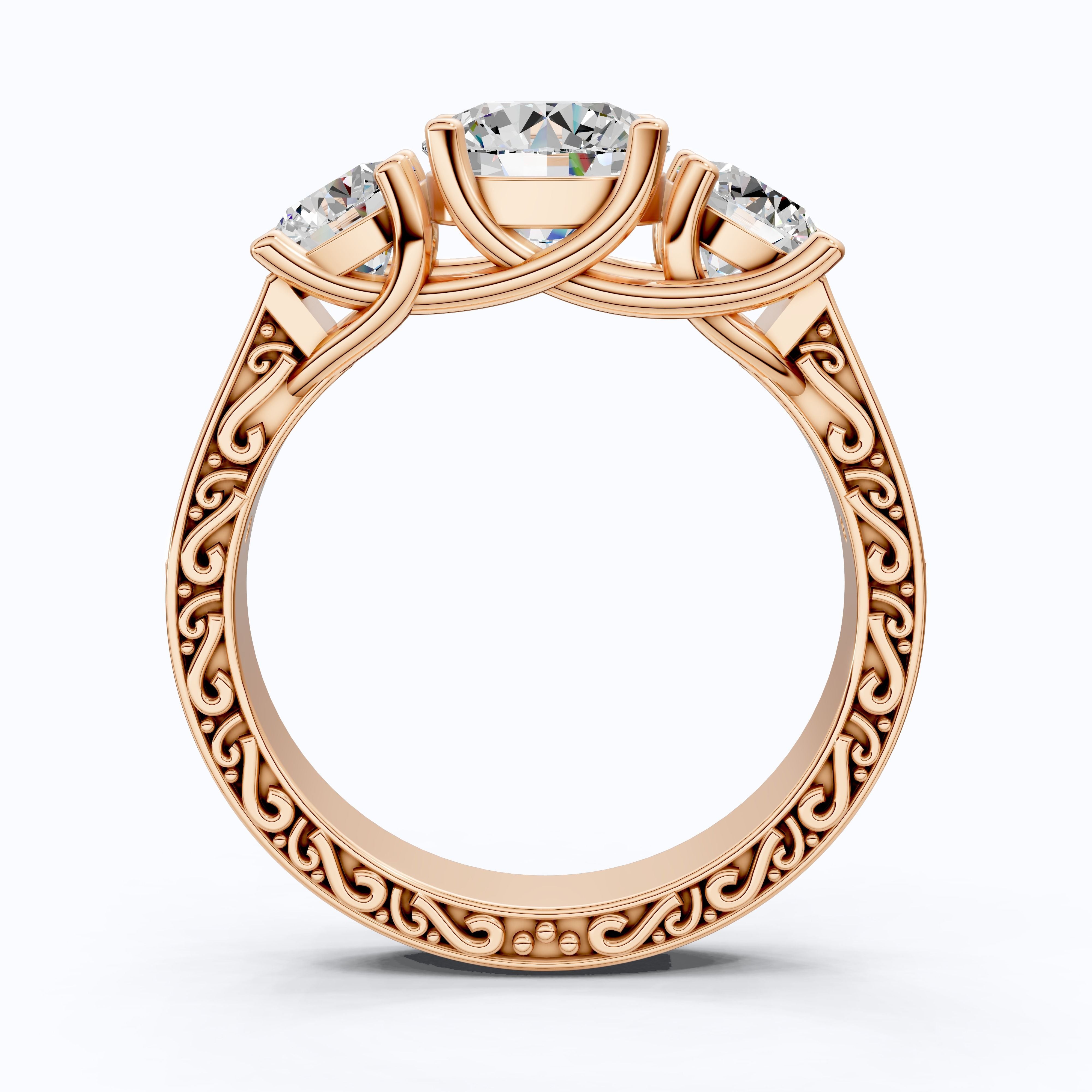 Vintage Three Stone Pave Filigree Engagement Ring in 14k Solid Gold, 1.84 TCW Round Cut Lab Created Diamonds, Everyday Gift for Wife
