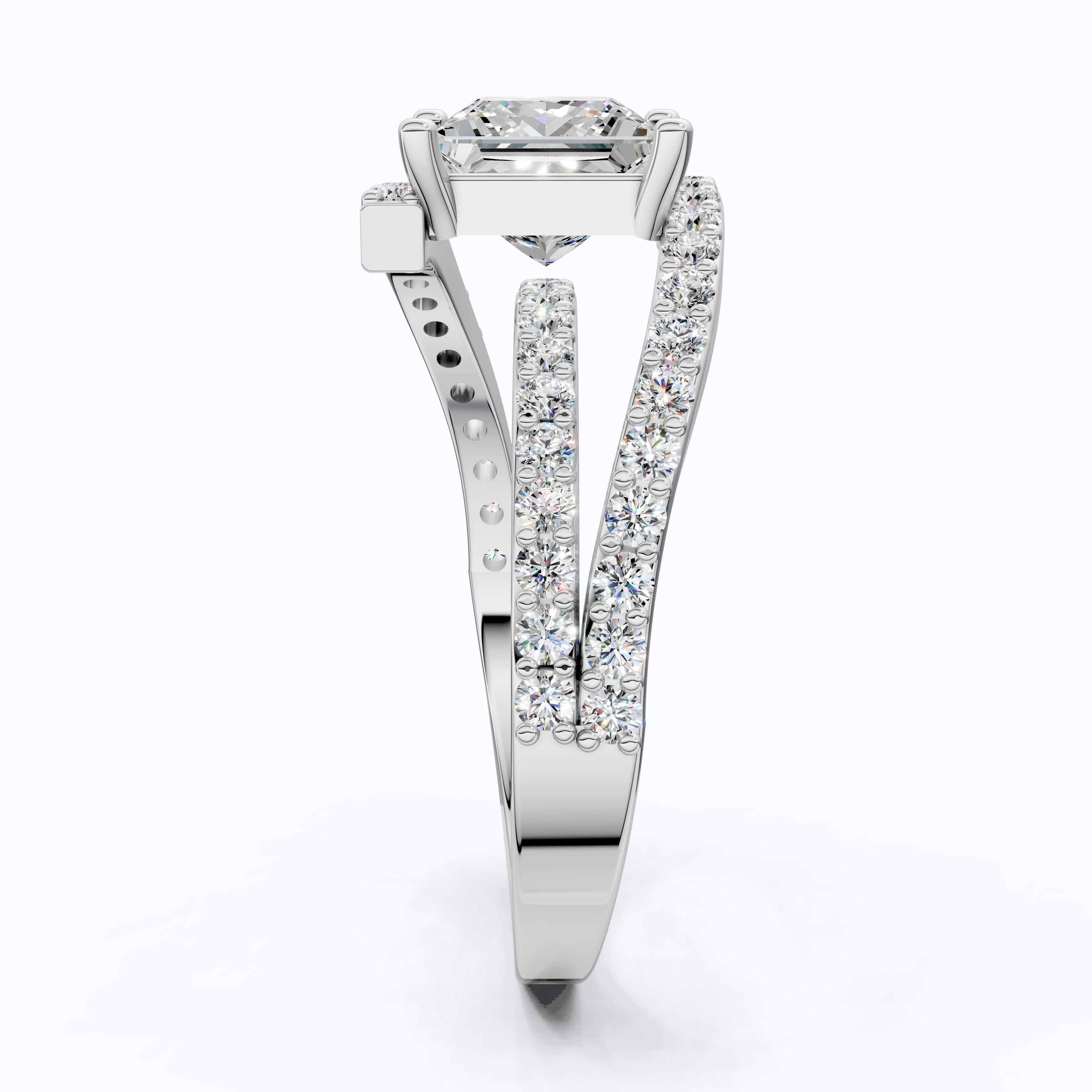 Modern Halo Split Shank Bypass Engagement Ring in 14K Solid Gold, 1.50 CT Princess Cut Lab Grown Diamond, Wedding Gift For Her