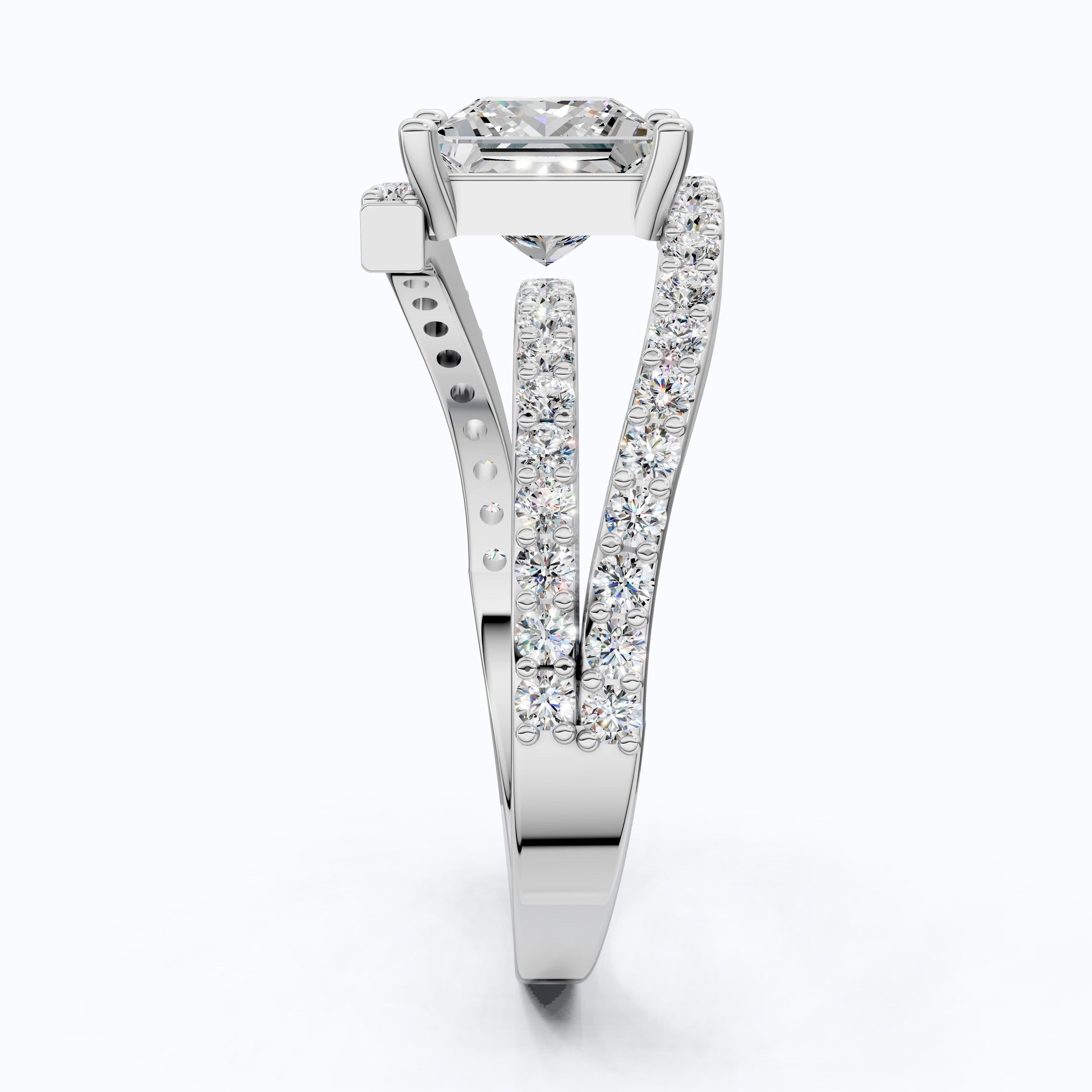 Modern Halo Split Shank Bypass Engagement Ring in 14K Solid Gold, 1.50 CT Princess Cut Lab Grown Diamond, Wedding Gift For Her