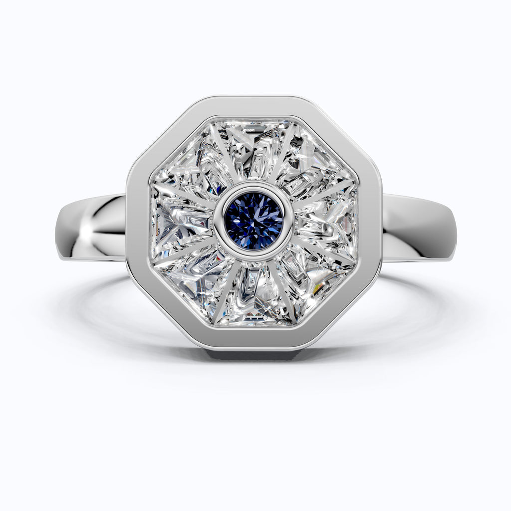 Geometric Evil Eye Statement Engagement Ring in 14K Gold, 0.94 TCW Round/Tapper Baguette Cut Gemstone/Lab Created Diamonds, Gift for Wife