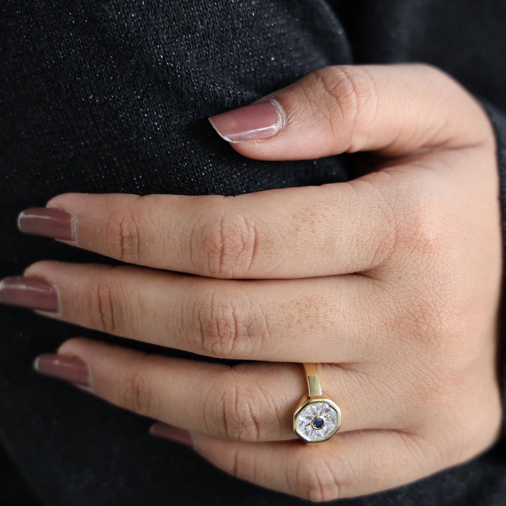 Geometric Evil Eye Statement Engagement Ring in 14K Gold, 0.94 TCW Round/Tapper Baguette Cut Gemstone/Lab Created Diamonds, Gift for Wife