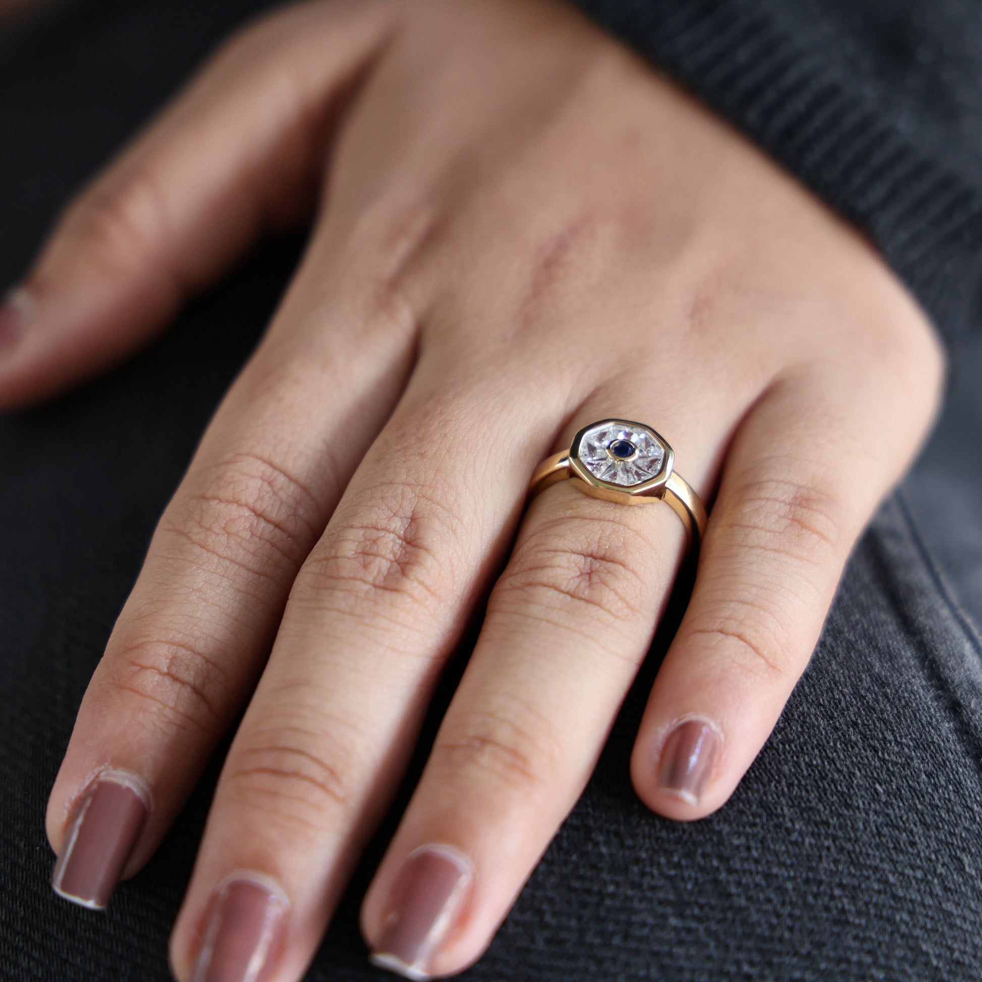 Geometric Evil Eye Statement Engagement Ring in 14K Gold, 0.94 TCW Round/Tapper Baguette Cut Gemstone/Lab Created Diamonds, Gift for Wife