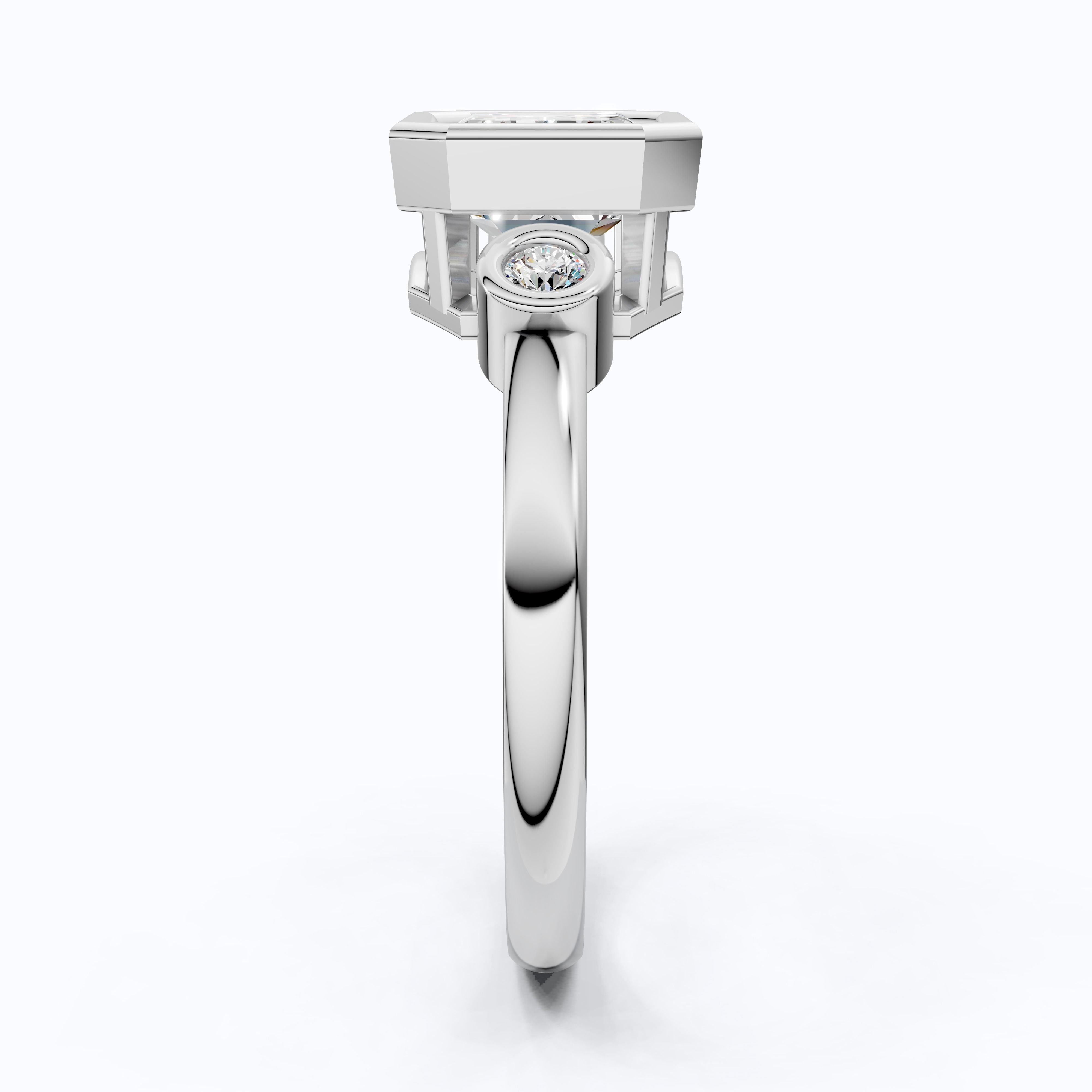 Minimalist Emerald Cut Bezel Accent Three Stone Engagement Ring in 14K Solid Gold, 1.75 CT Emerald Cut Lab Created Diamond, Bridal Jewelry, Everyday Ring