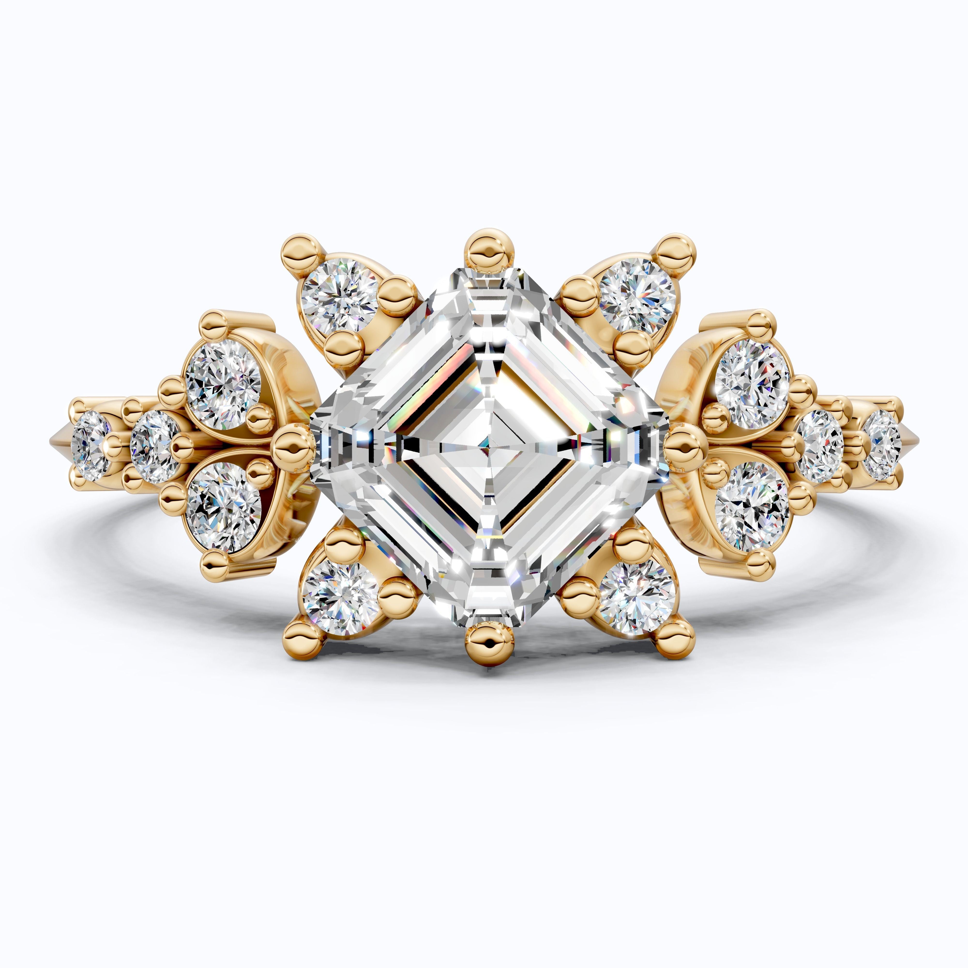 Unique Halo Cluster Engagement Ring in 14K Solid Gold, 1.00 CT Princess Cut Lab Created Diamond, Handmade Bridal Jewelry, Anniversary Gift for Her