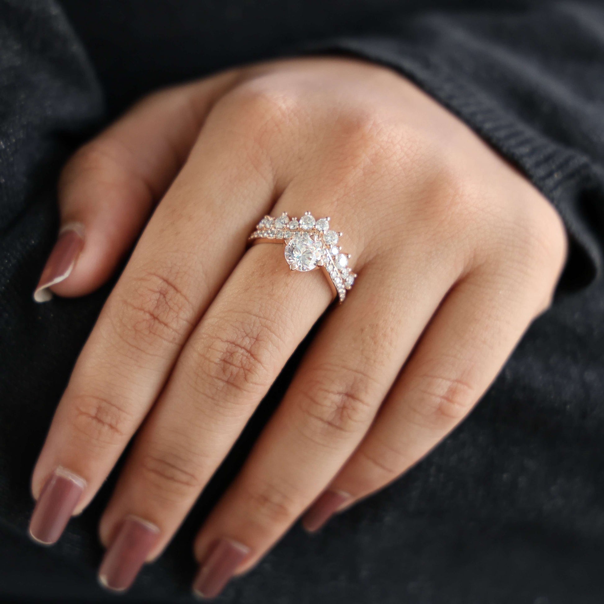 Vintage Crown Chevron Cluster Engagement Ring in 14k Solid Gold or Sterling Silver, 2.35 TCW Round Cut Lab Created Diamonds, Anniversary Gift for Wife