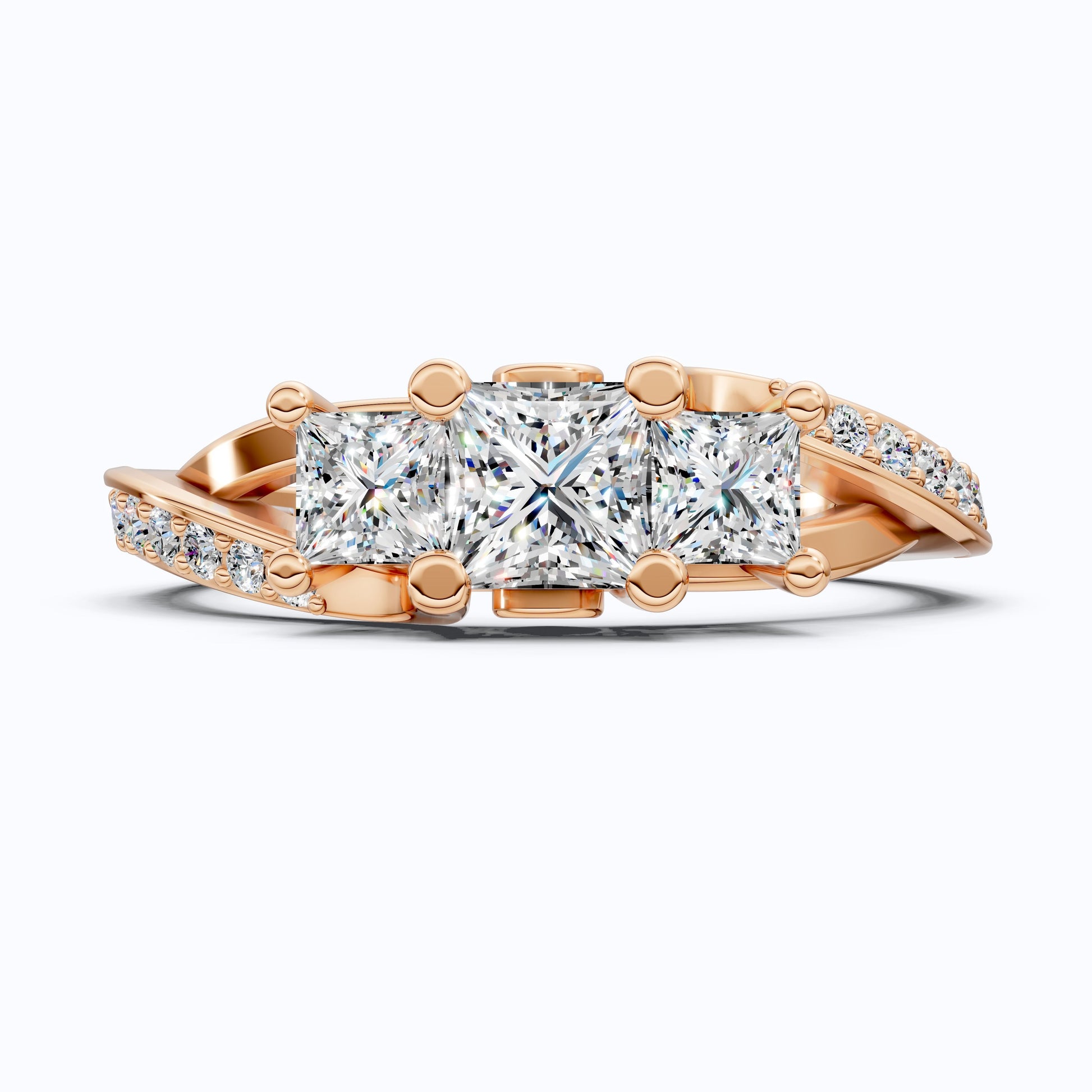 Three-Stone Princess Cut Bypass Pave Engagement Ring in 14K Solid Gold, 0.75 TCW Princess Cut Lab Grown Diamonds, Birthday Gift for Wife