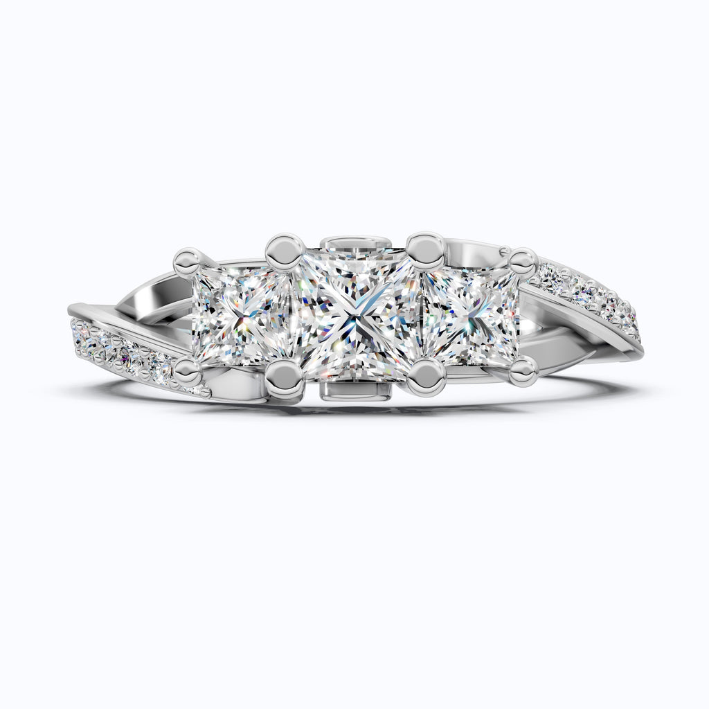 Three-Stone Princess Cut Bypass Pave Engagement Ring in 14K Solid Gold, 0.75 TCW Princess Cut Lab Grown Diamonds, Birthday Gift for Wife