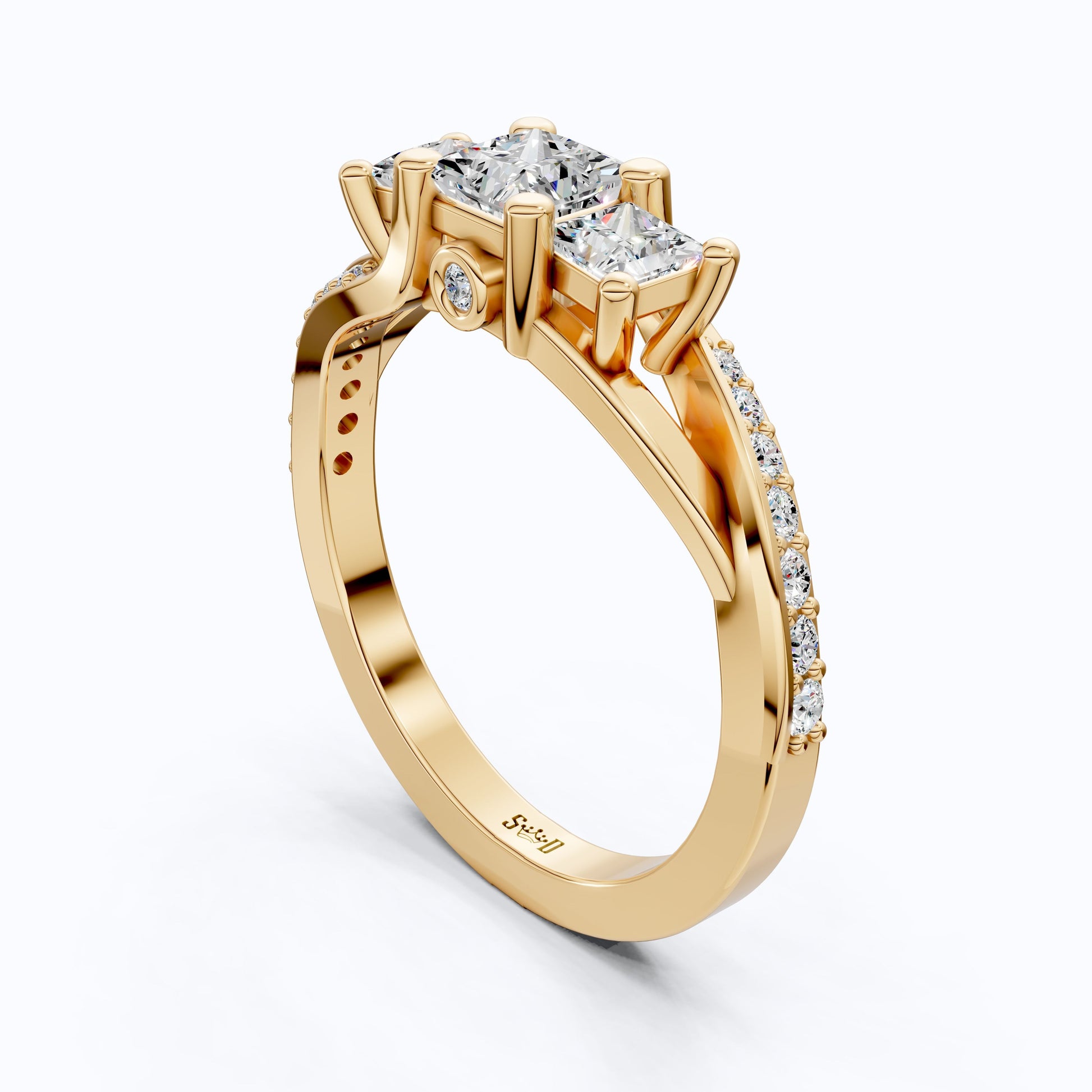 Three-Stone Princess Cut Bypass Pave Engagement Ring in 14K Solid Gold, 0.75 TCW Princess Cut Lab Grown Diamonds, Birthday Gift for Wife
