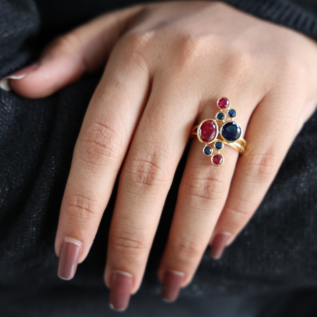 Textured Bubble Dome Cluster Rainbow Ring in 14K Solid Gold, 1.50 CT Oval Cut Ruby Gemstone, Bold Cocktail Ring, Everyday Gift for Her