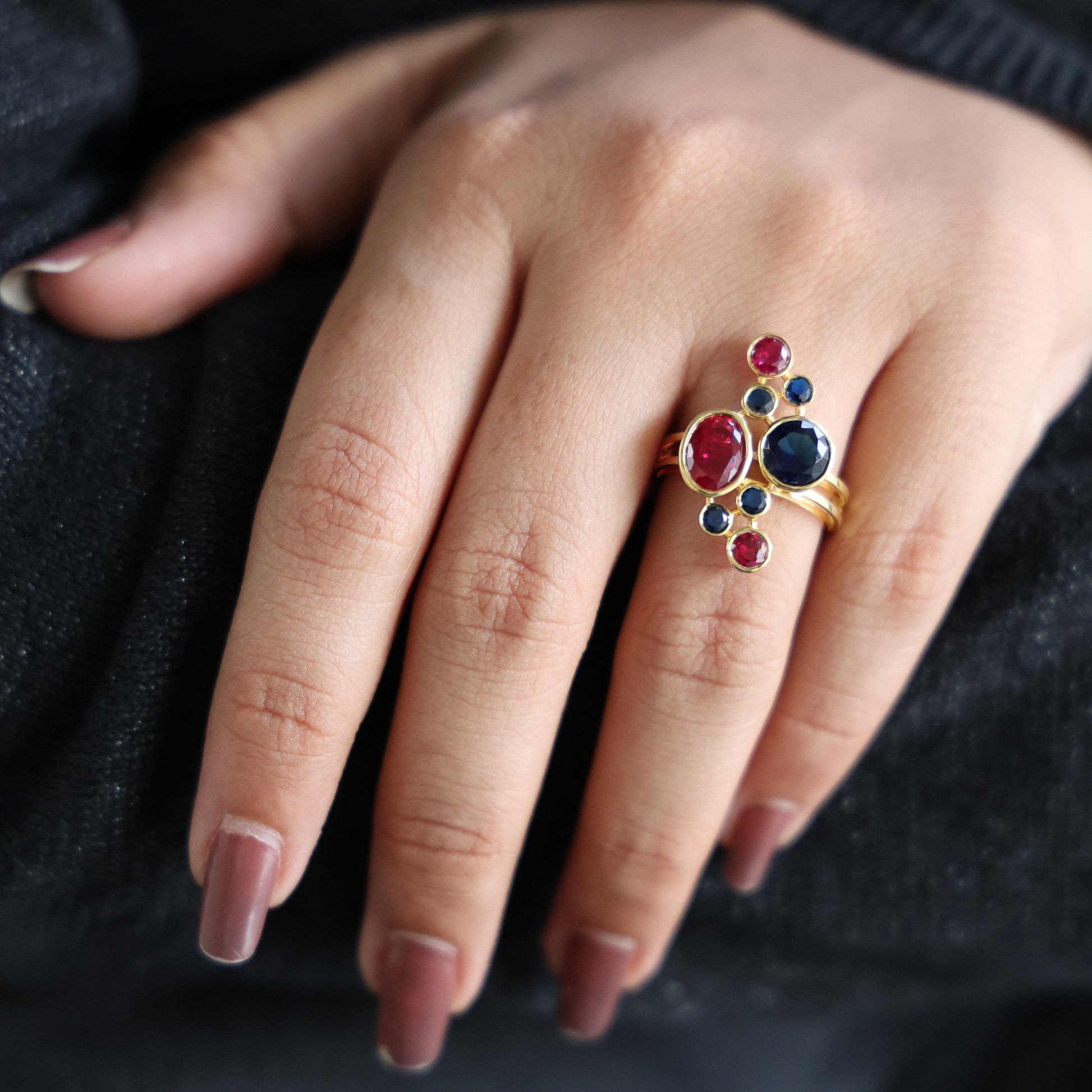 Textured Bubble Dome Cluster Rainbow Ring in 14K Solid Gold, 1.50 CT Oval Cut Ruby Gemstone, Bold Cocktail Ring, Everyday Gift for Her
