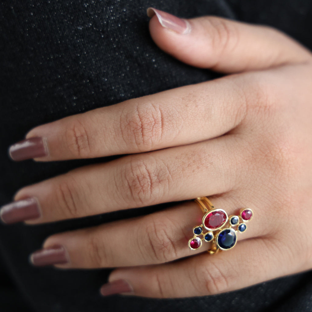 Textured Bubble Dome Cluster Rainbow Ring in 14K Solid Gold, 1.50 CT Oval Cut Ruby Gemstone, Bold Cocktail Ring, Everyday Gift for Her