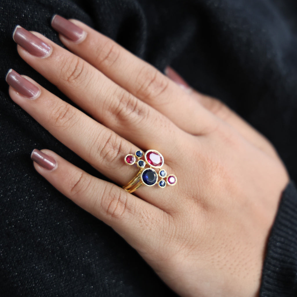 Textured Bubble Dome Cluster Rainbow Ring in 14K Solid Gold, 1.50 CT Oval Cut Ruby Gemstone, Bold Cocktail Ring, Everyday Gift for Her