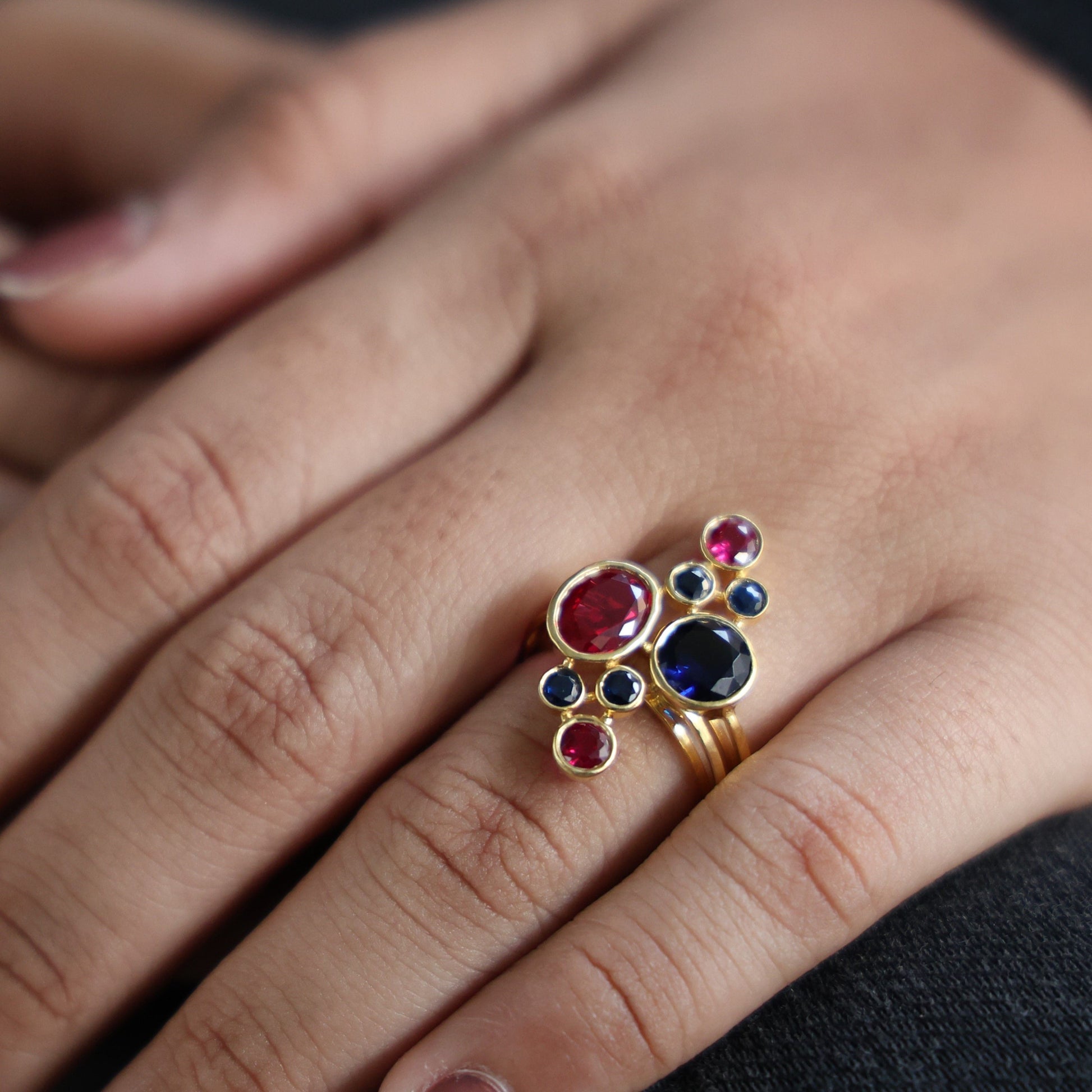 Textured Bubble Dome Cluster Rainbow Ring in 14K Solid Gold, 1.50 CT Oval Cut Ruby Gemstone, Bold Cocktail Ring, Everyday Gift for Her