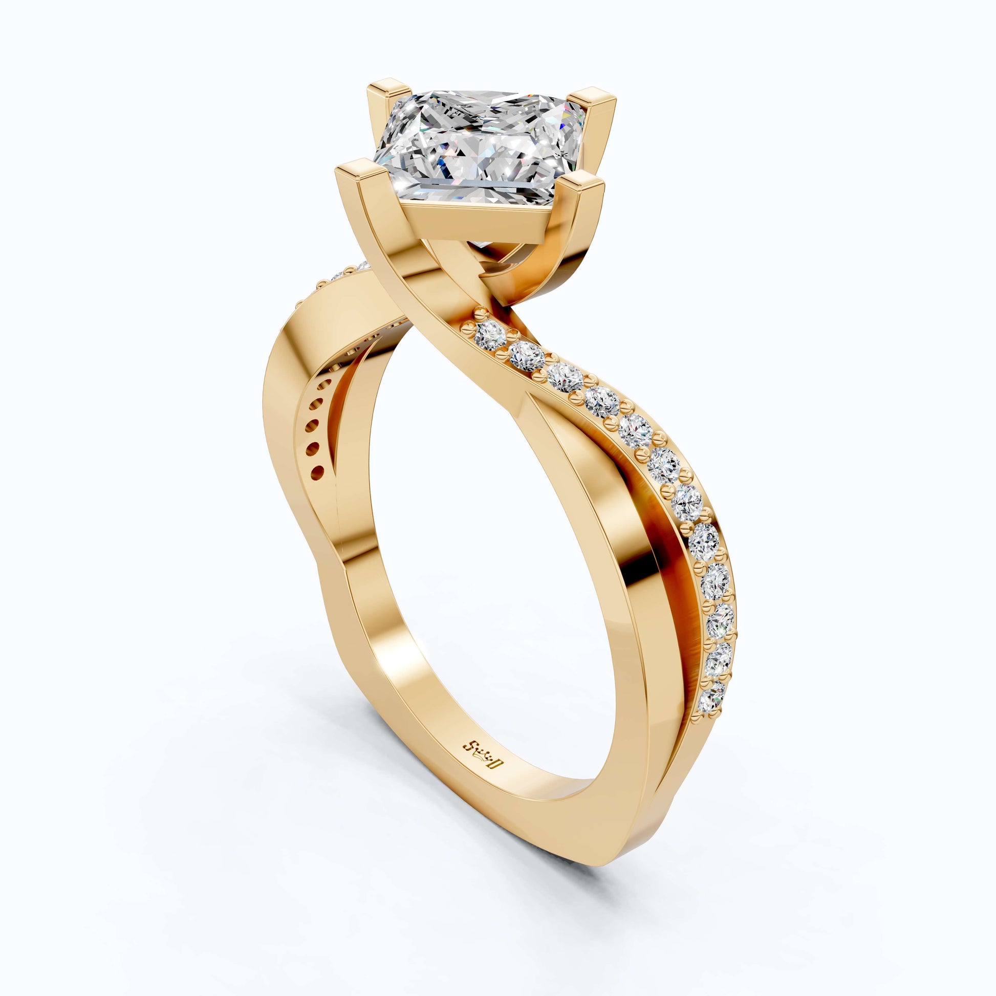 Sparkling Bypass Twisted Pave Engagement Ring in 14k Solid Gold, 1.50 CT Princess Cut Lab Created Diamond, Wedding Gift for Her