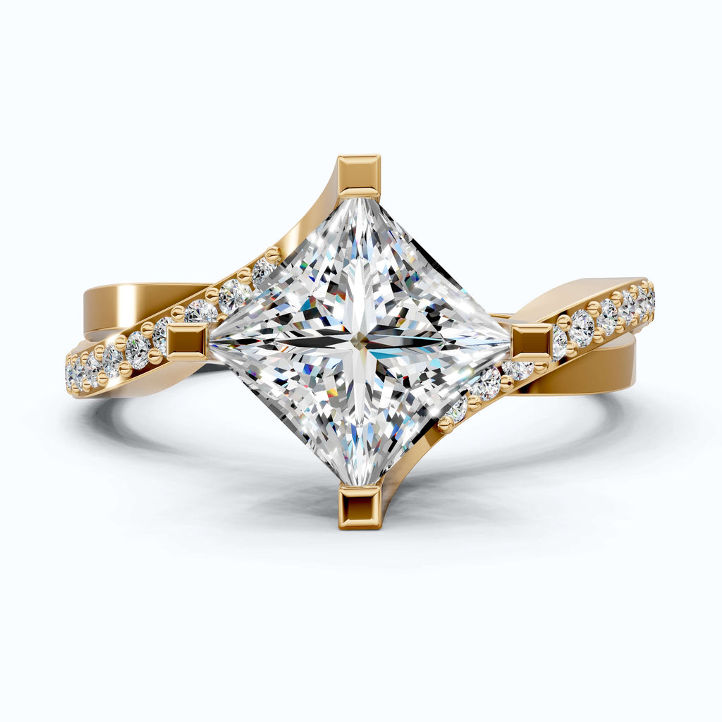 Sparkling Bypass Twisted Pave Engagement Ring in 14k Solid Gold, 1.50 CT Princess Cut Lab Created Diamond, Wedding Gift for Her