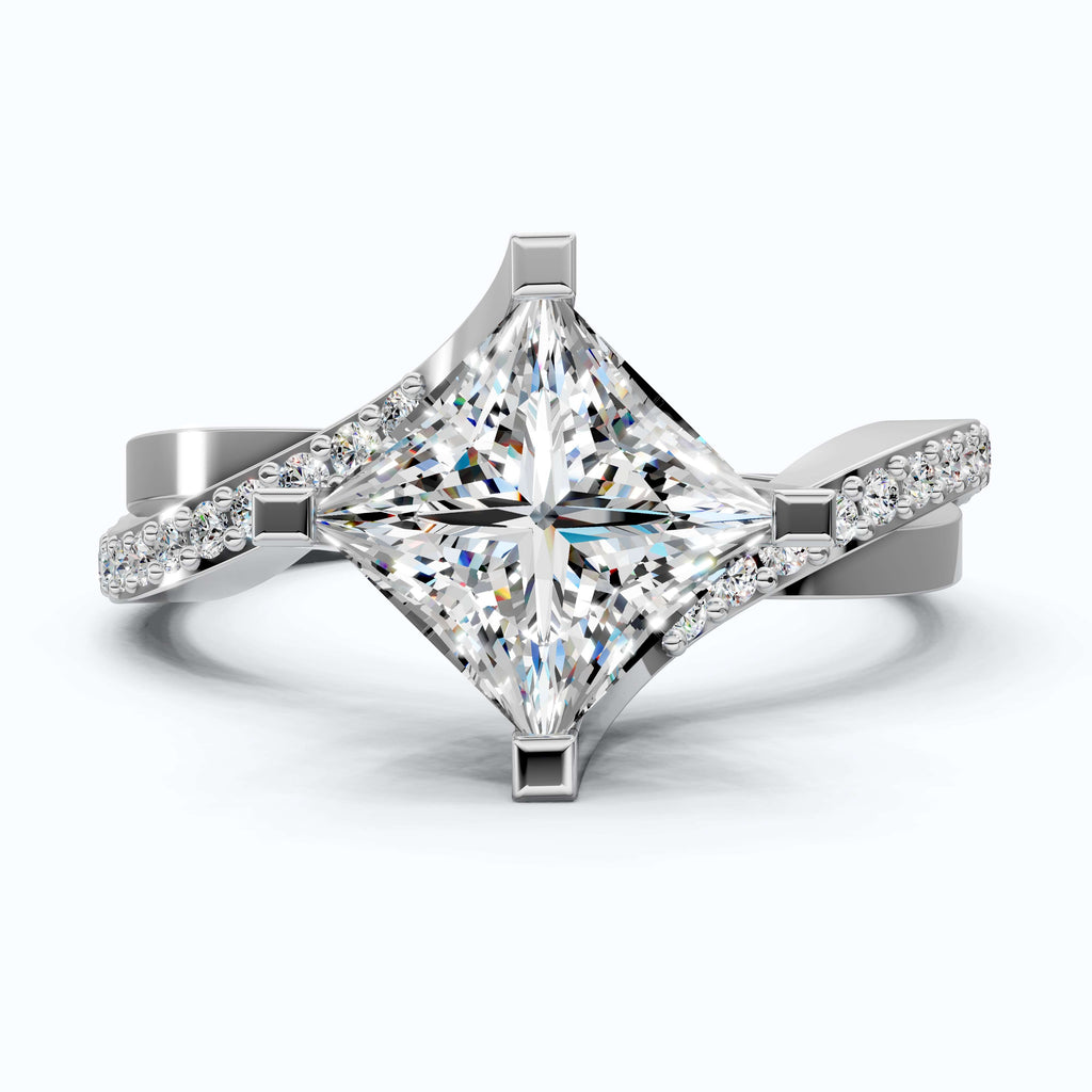 Sparkling Bypass Twisted Pave Engagement Ring in 14k Solid Gold, 1.50 CT Princess Cut Lab Created Diamond, Wedding Gift for Her