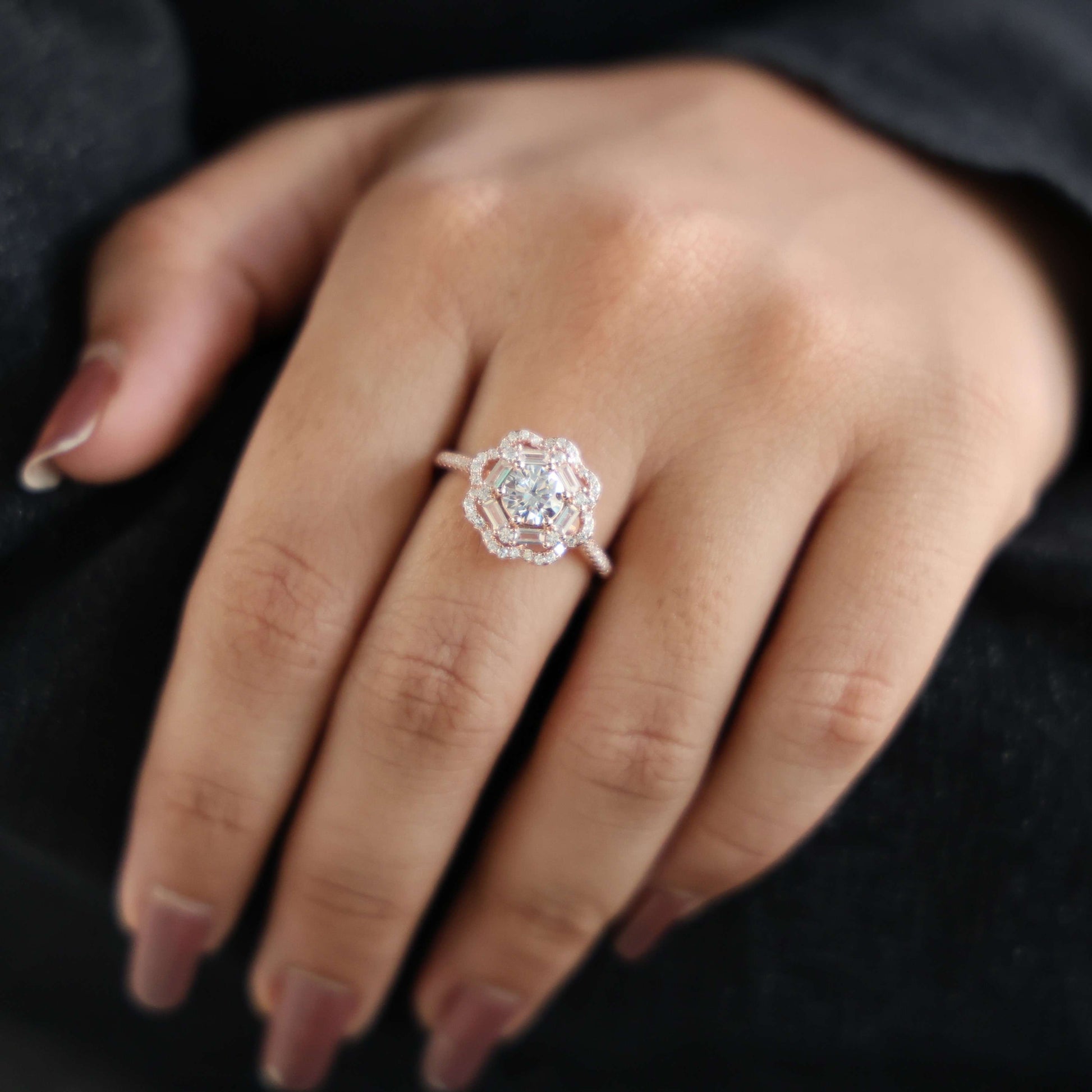 Classic Double Halo Floral Engagement Ring 14K Solid Gold, 0.84 CT Round Cut Lab Created Diamonds, Romantic Gift For Love