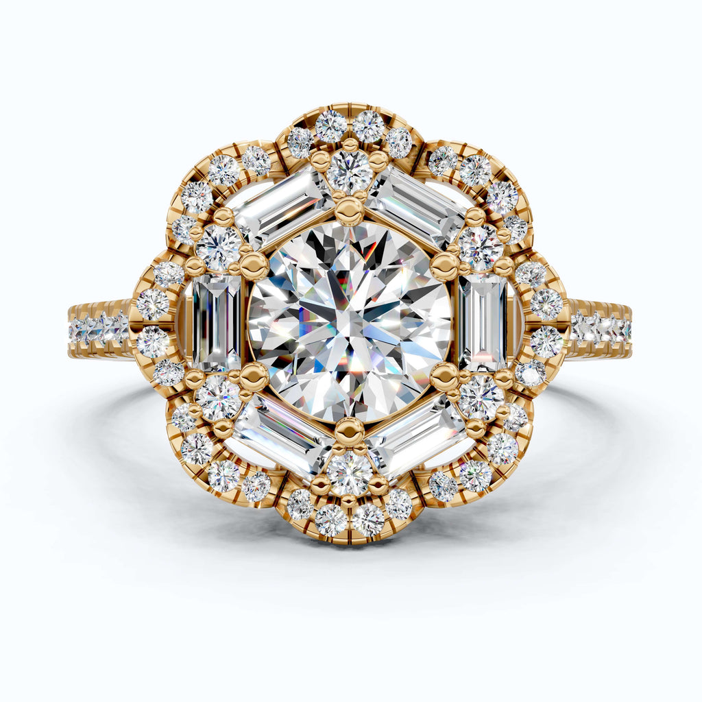 Classic Double Halo Floral Engagement Ring 14K Solid Gold, 0.84 CT Round Cut Lab Created Diamonds, Romantic Gift For Love