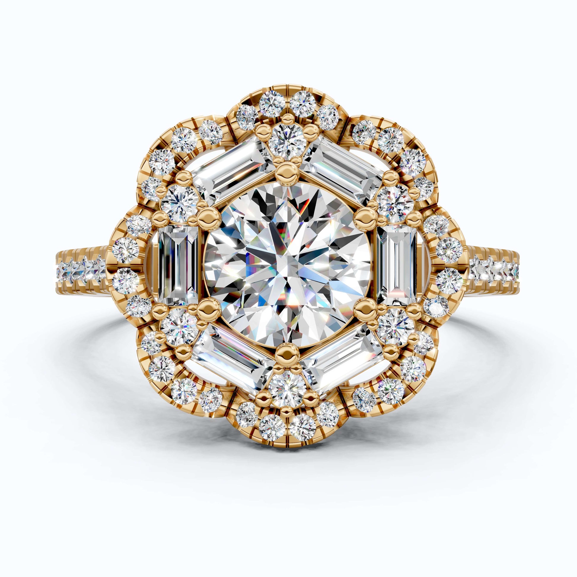 Classic Double Halo Floral Engagement Ring 14K Solid Gold, 0.84 CT Round Cut Lab Created Diamonds, Romantic Gift For Love