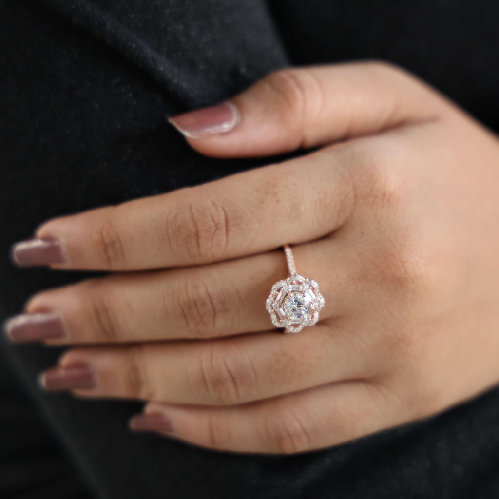 Classic Double Halo Floral Engagement Ring 14K Solid Gold, 0.84 CT Round Cut Lab Created Diamonds, Romantic Gift For Love