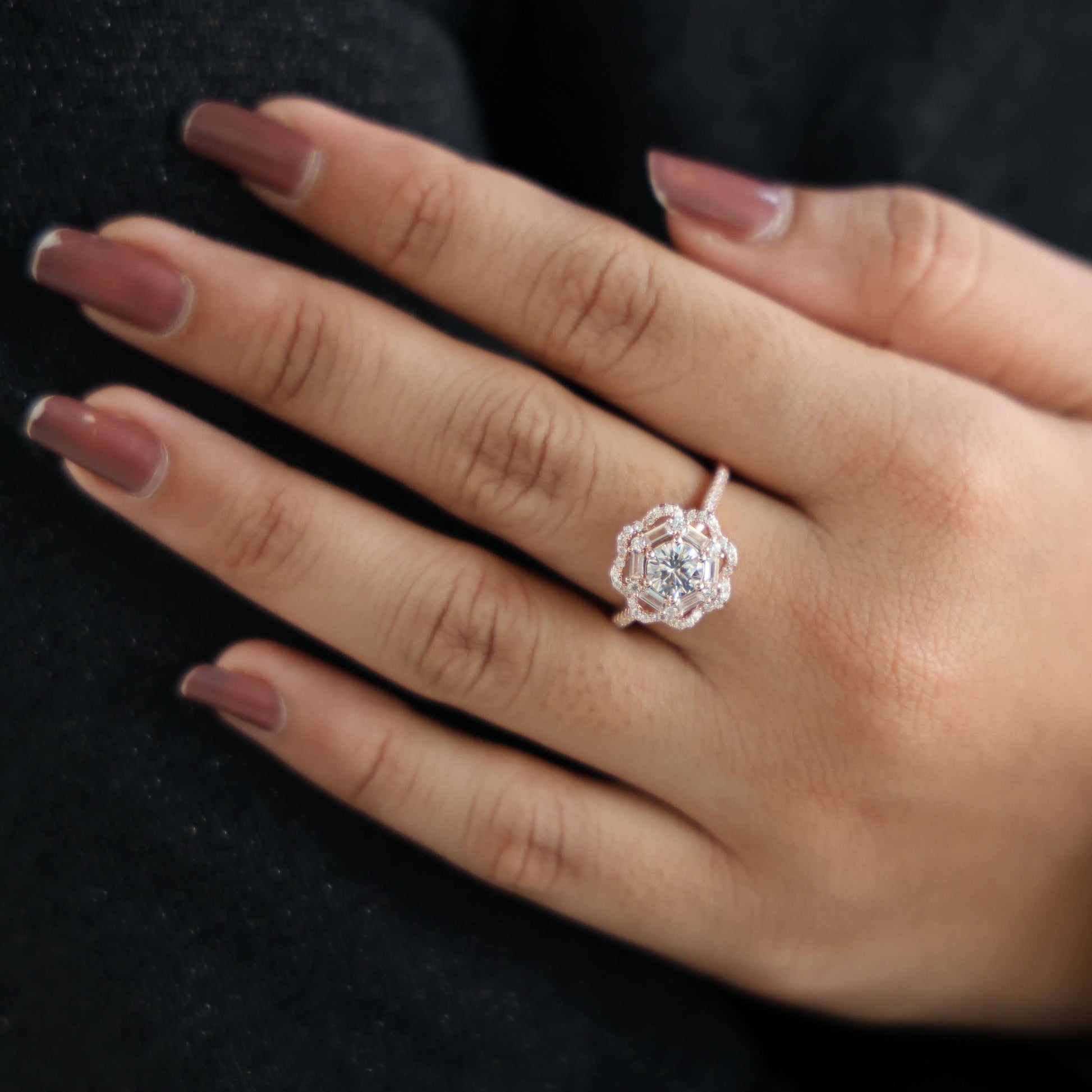 Classic Double Halo Floral Engagement Ring 14K Solid Gold, 0.84 CT Round Cut Lab Created Diamonds, Romantic Gift For Love